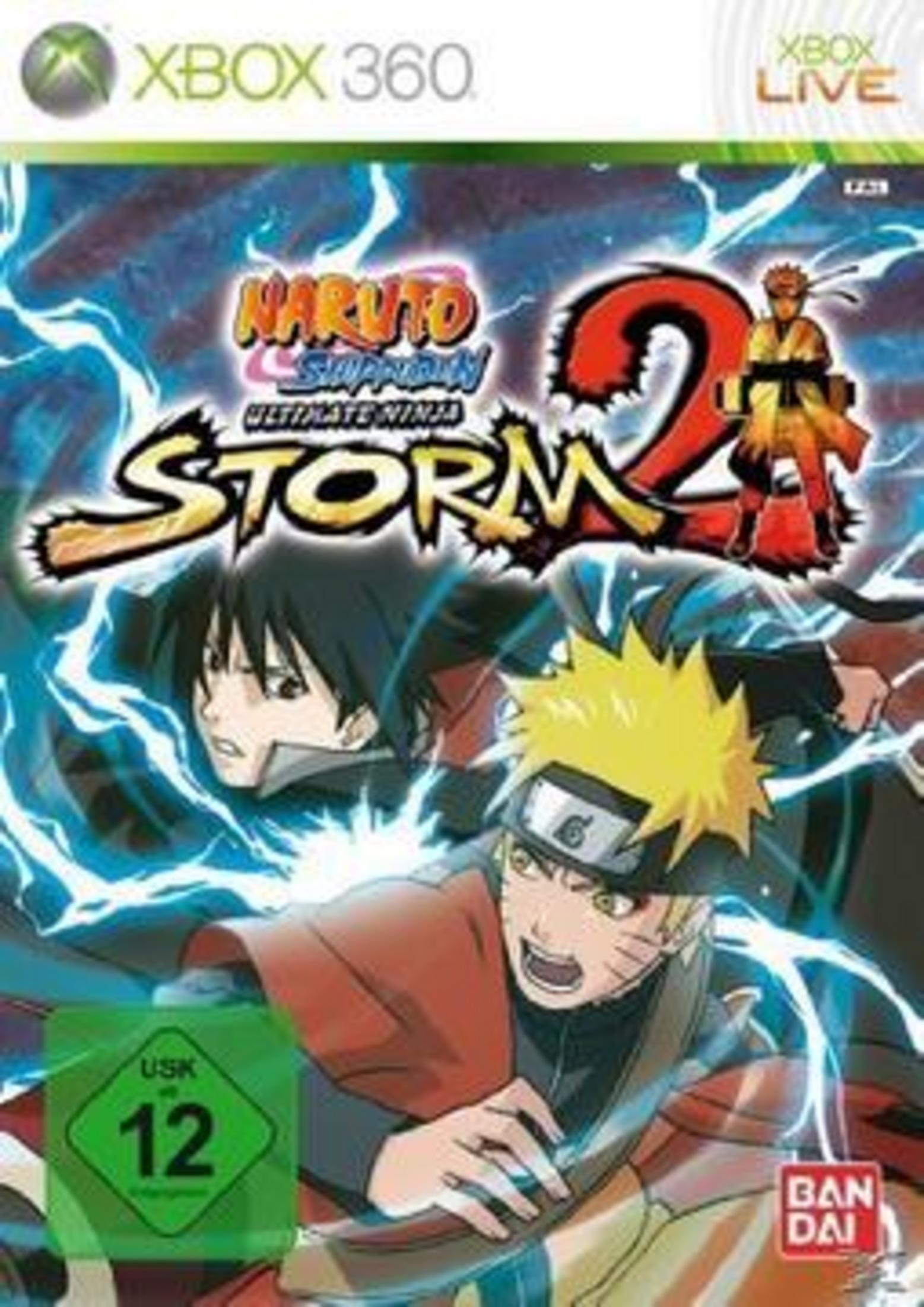 Naruto Shippuden: Ultimate Ninja Storm 2-Spielcover für Xbox 360 mit Naruto und Sasuke.