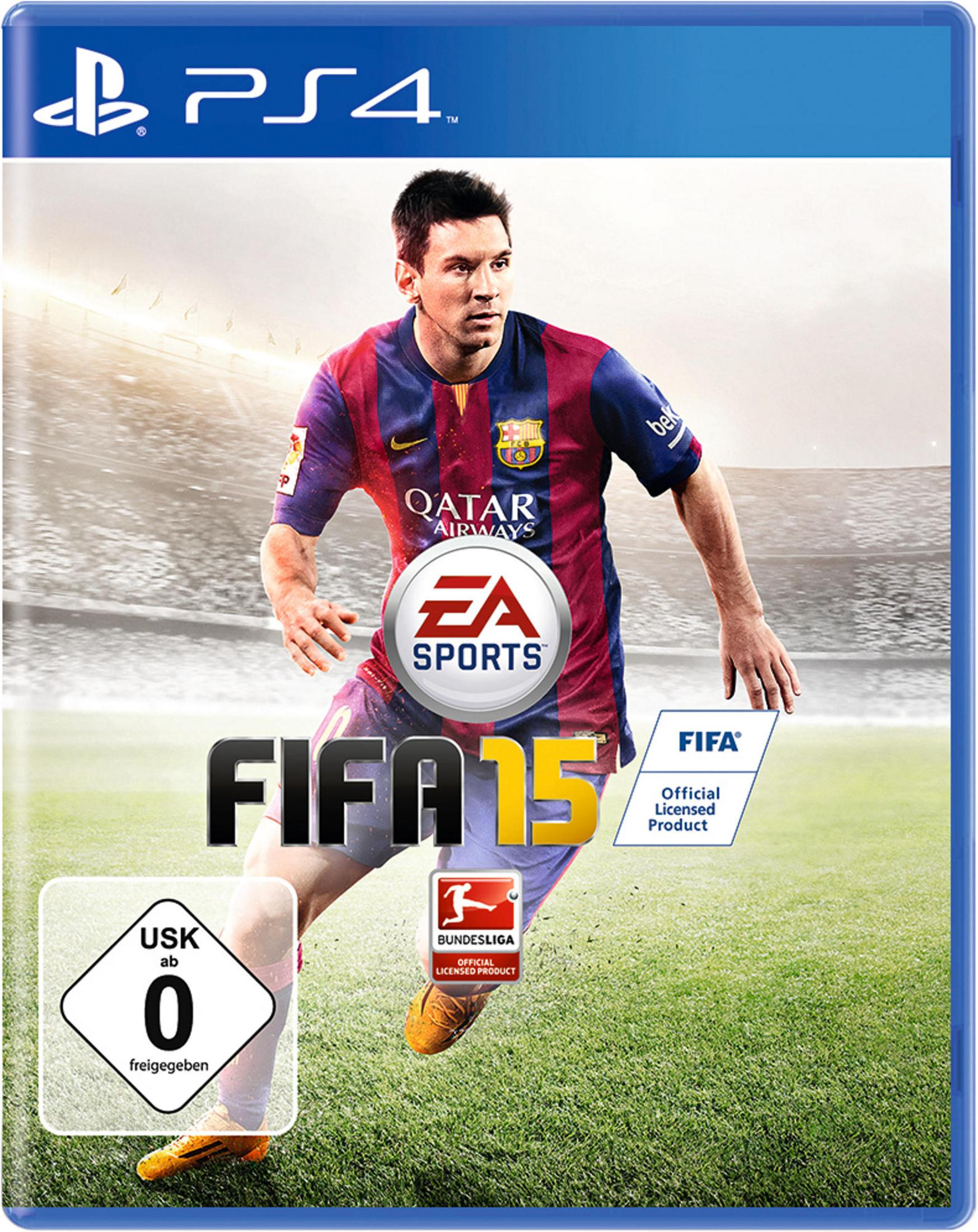 FIFA 15 PS4-Spielcover mit Lionel Messi im Barcelona-Trikot auf einem Fußballfeld.