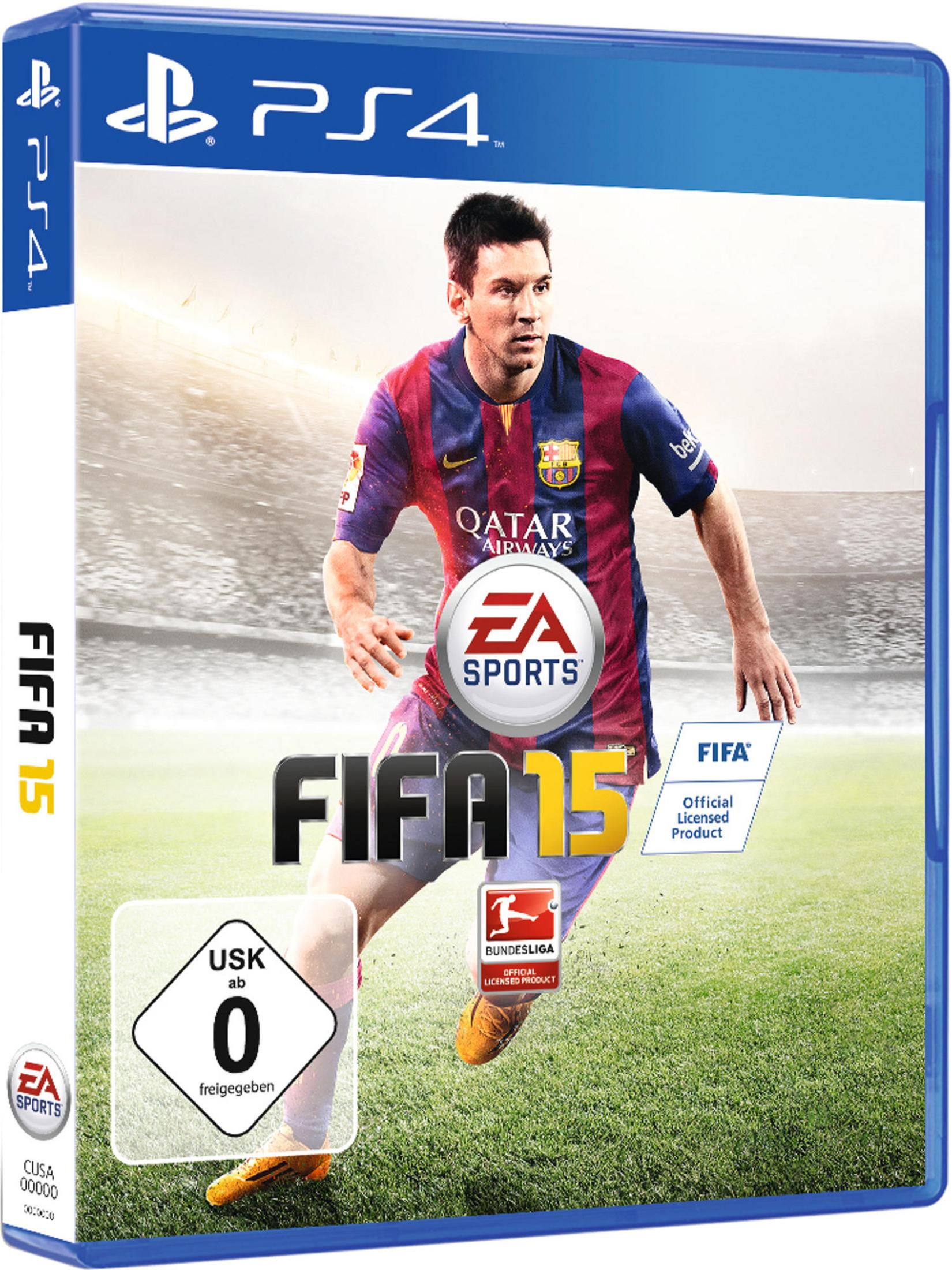 FIFA 15 PS4-Spielcover mit Lionel Messi im Barcelona-Trikot auf einem Fußballfeld.