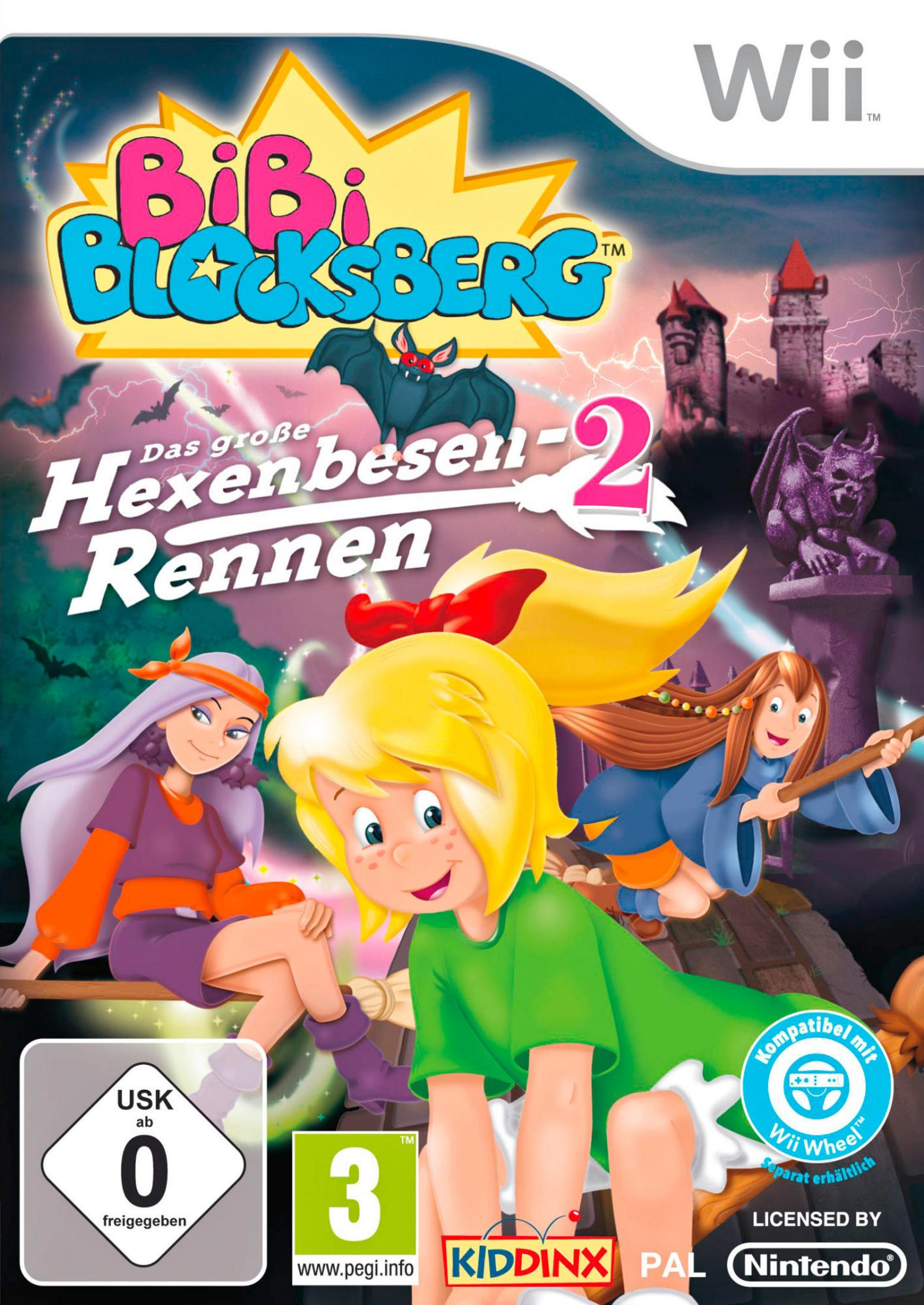 Spielcover für Bibi Blocksberg 2. Ein junges Mädchen auf einem Besen ist die zentrale Figur. Andere Mädchen und Burg im Hintergrund.