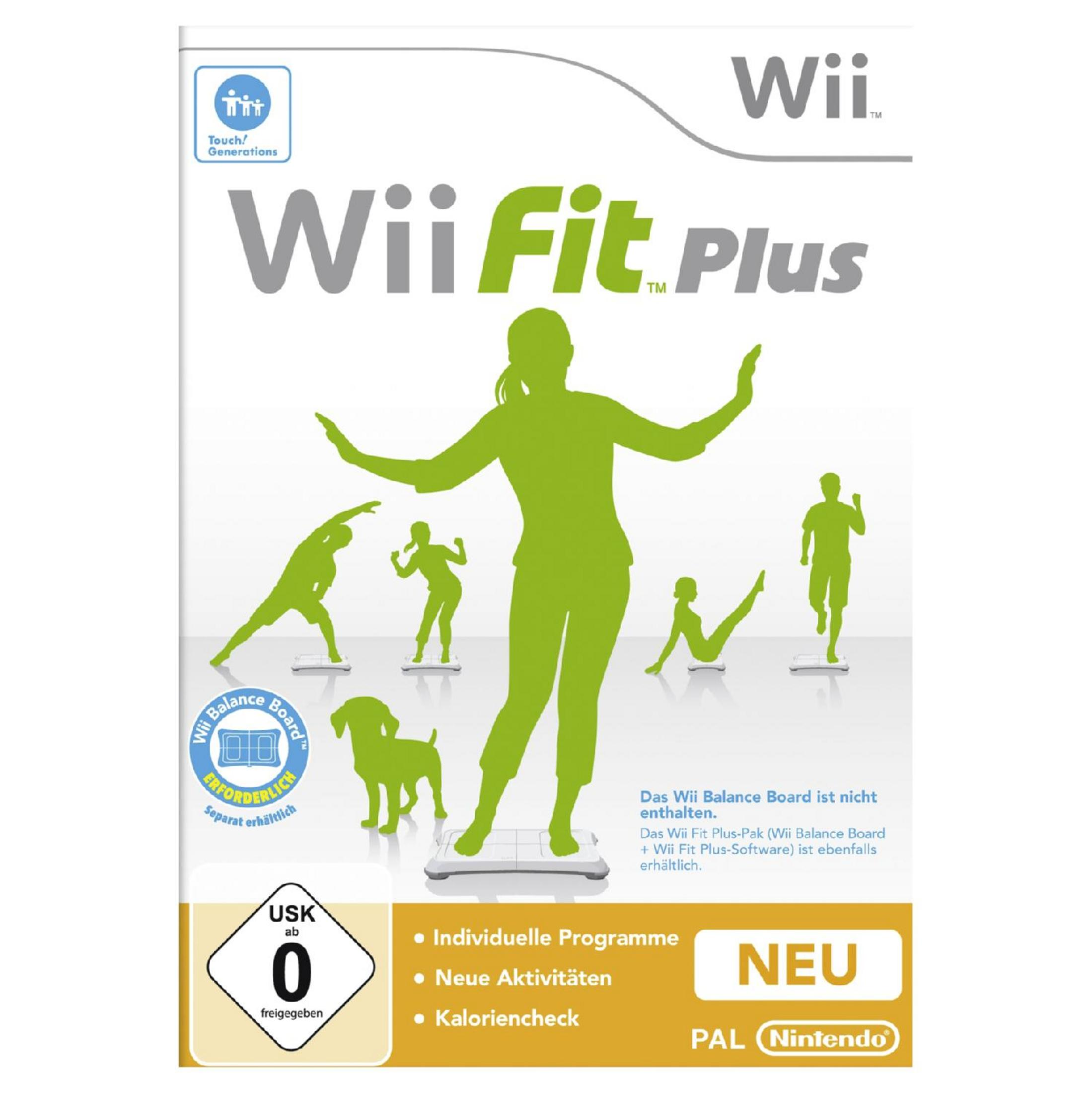 Wii Fit Plus Spielbox mit grünen Silhouetten beim Training. Weißer Hintergrund. Enthält Text und einen Hund.