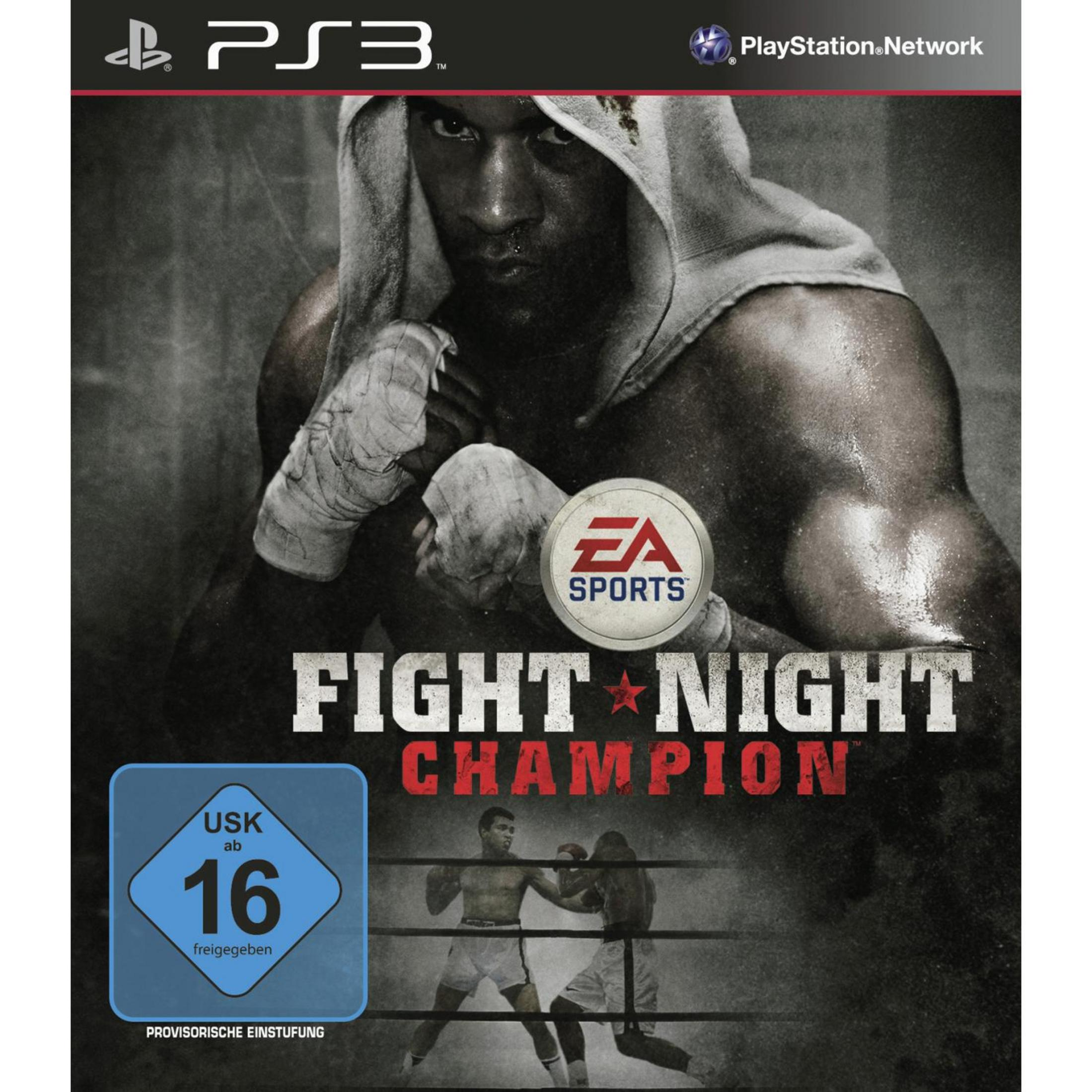 Fight Night Champion PS3-Spielcover. Boxer im Kapuzenpulli, Boxring-Szene. Dunkler, rauer Stil.