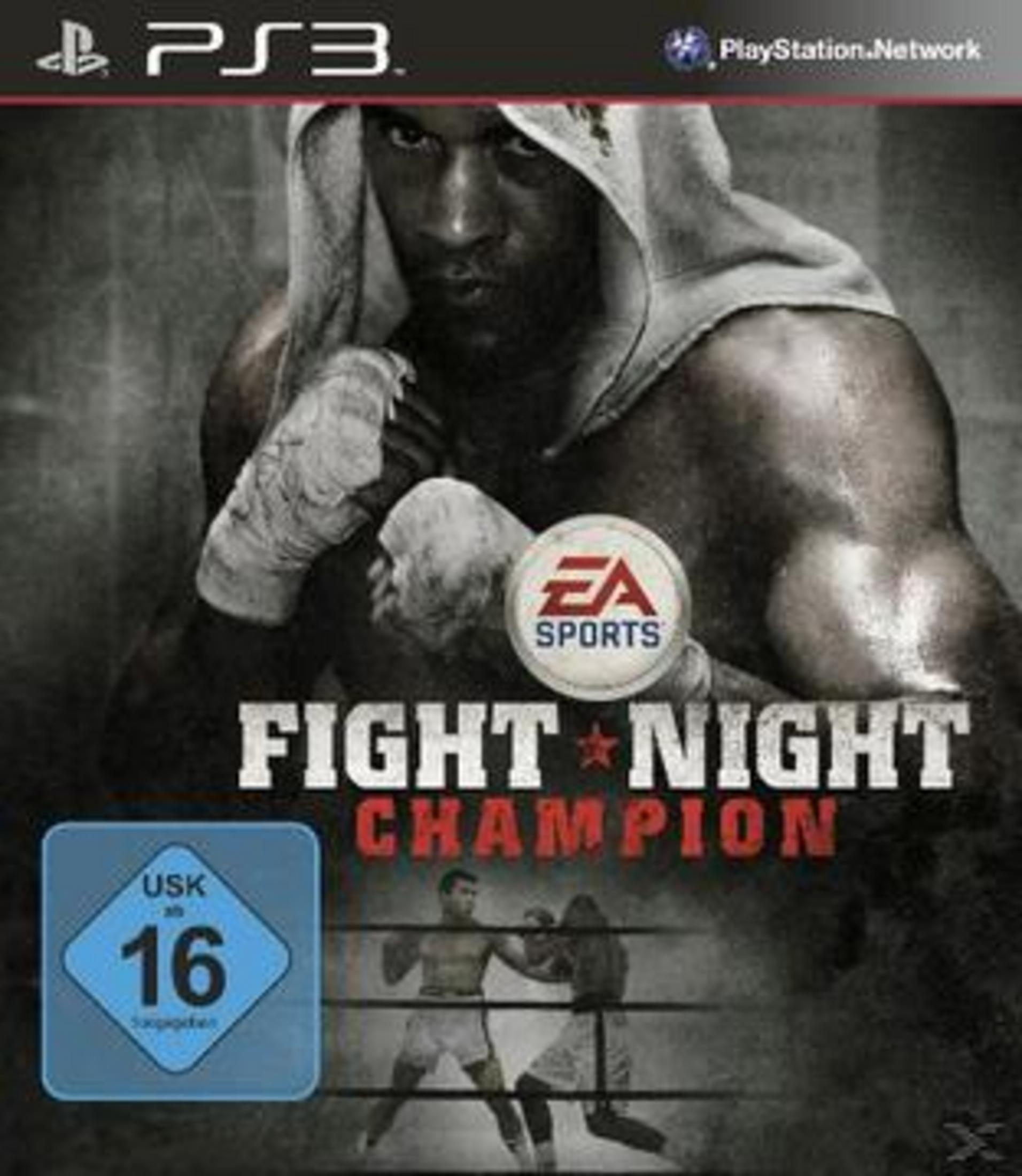 Fight Night Champion PS3-Spielcover. Boxer mit Kapuzenpullover, Boxring-Szene. Dunkler, rauer Stil.