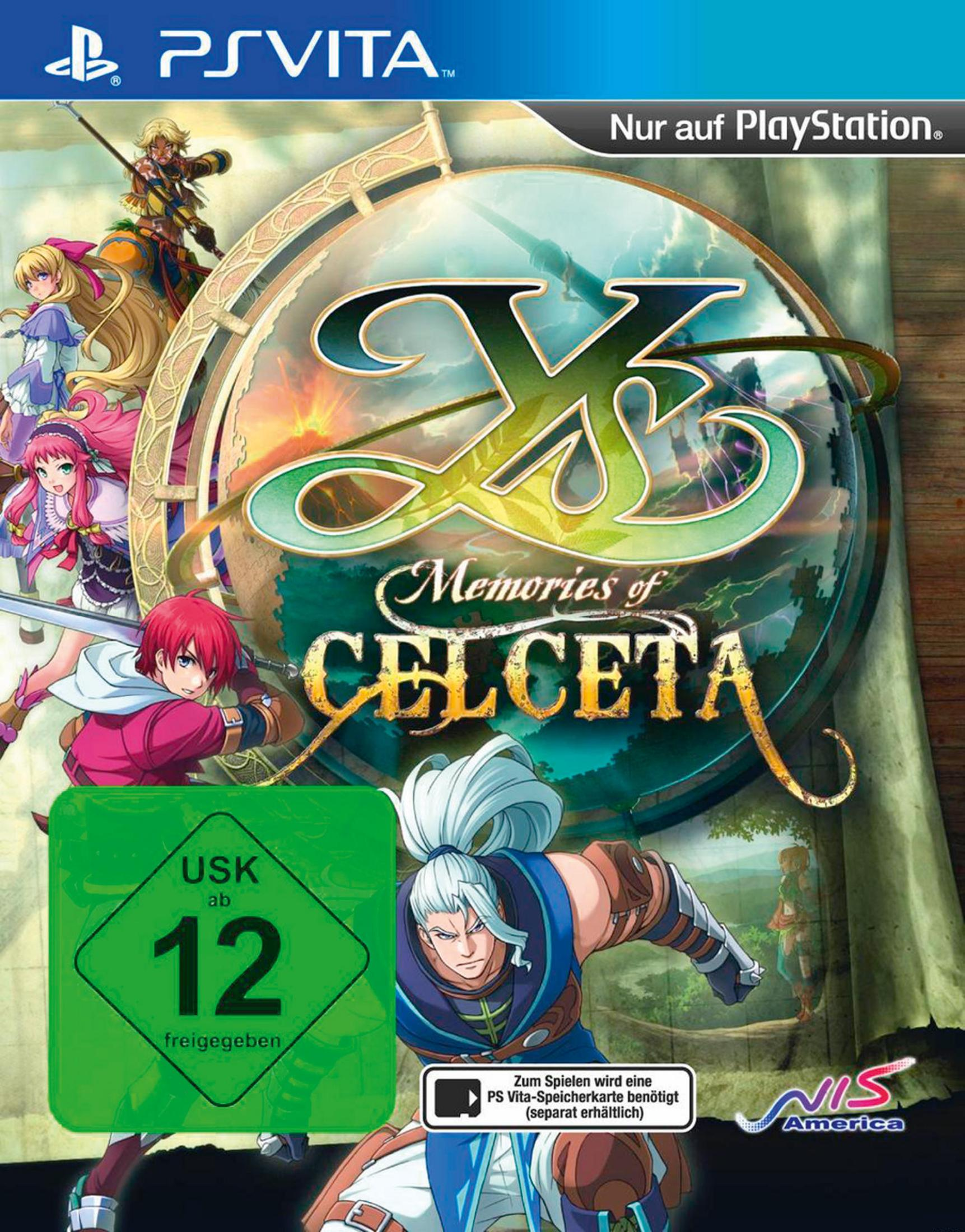 Spielcover für 'Ys: Memories of Celceta' auf PS Vita. Enthält Anime-Charaktere und eine grüne Bewertung.
