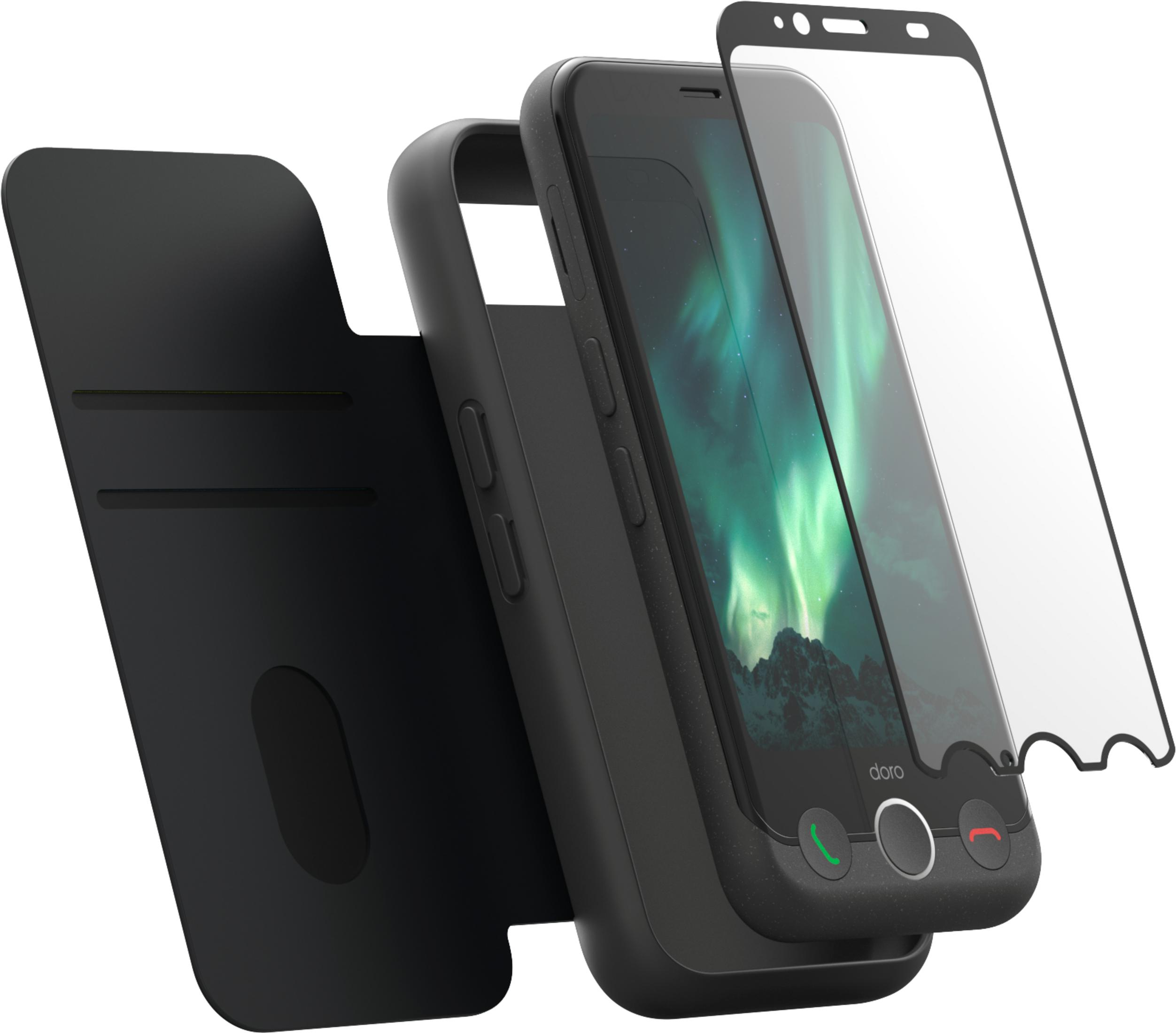 Smartphone nero con custodia, protezione schermo e display con aurora boreale verde e blu.