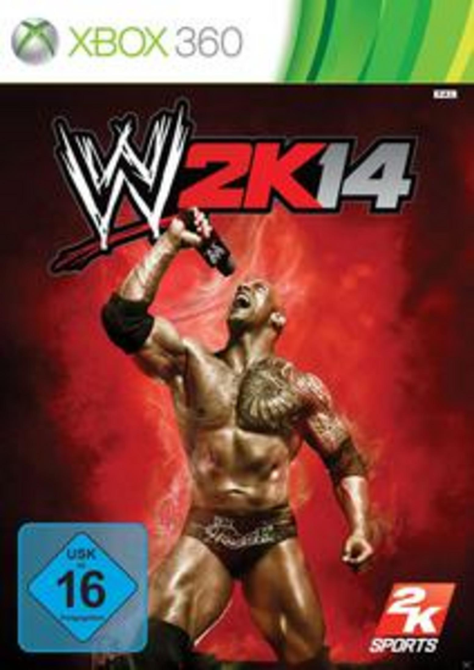 WWE 2K14 Spielcover mit The Rock, der ein Mikrofon hochhält. Ein roter Hintergrund mit weißen Flammen.