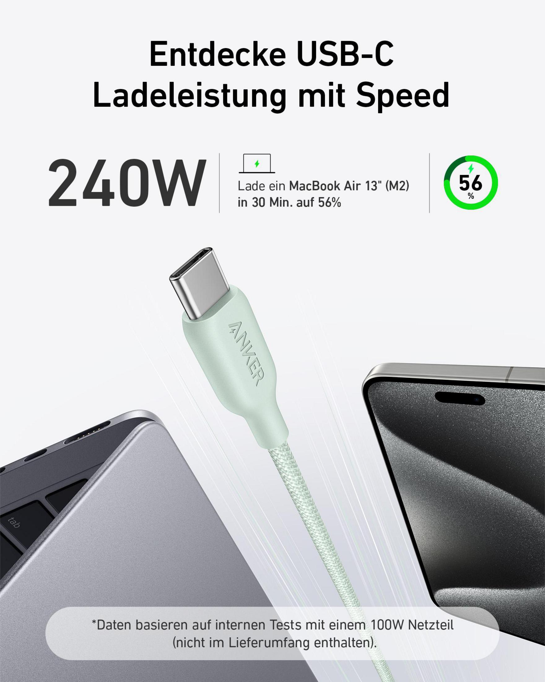 Un cavo di ricarica Anker collegato a un laptop, con testo che indica capacità di ricarica rapida.