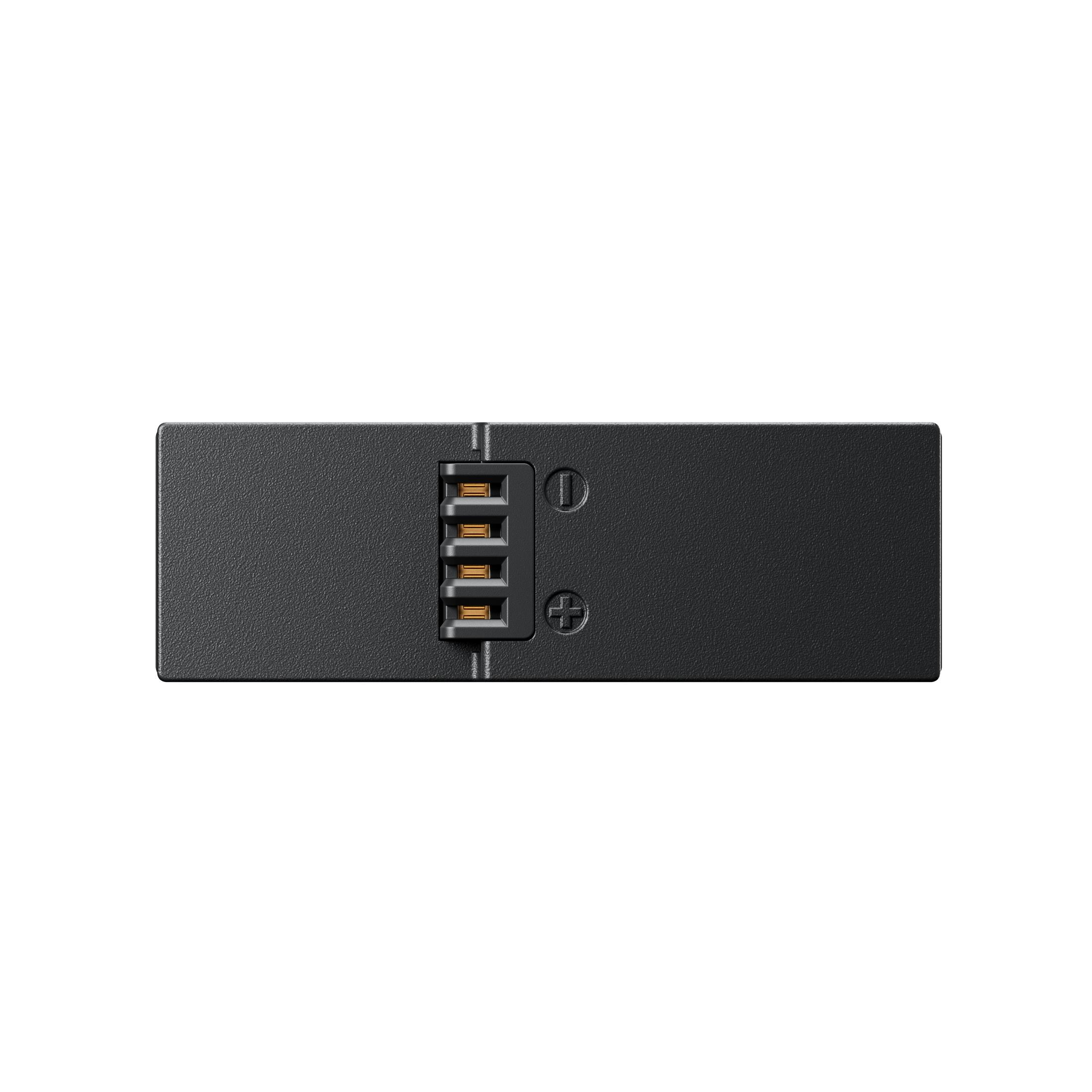 Een rechthoekig zwart batterijpakket wordt weergegeven op een witte achtergrond, met terminalcontacten en een minimalistisch ontwerp.