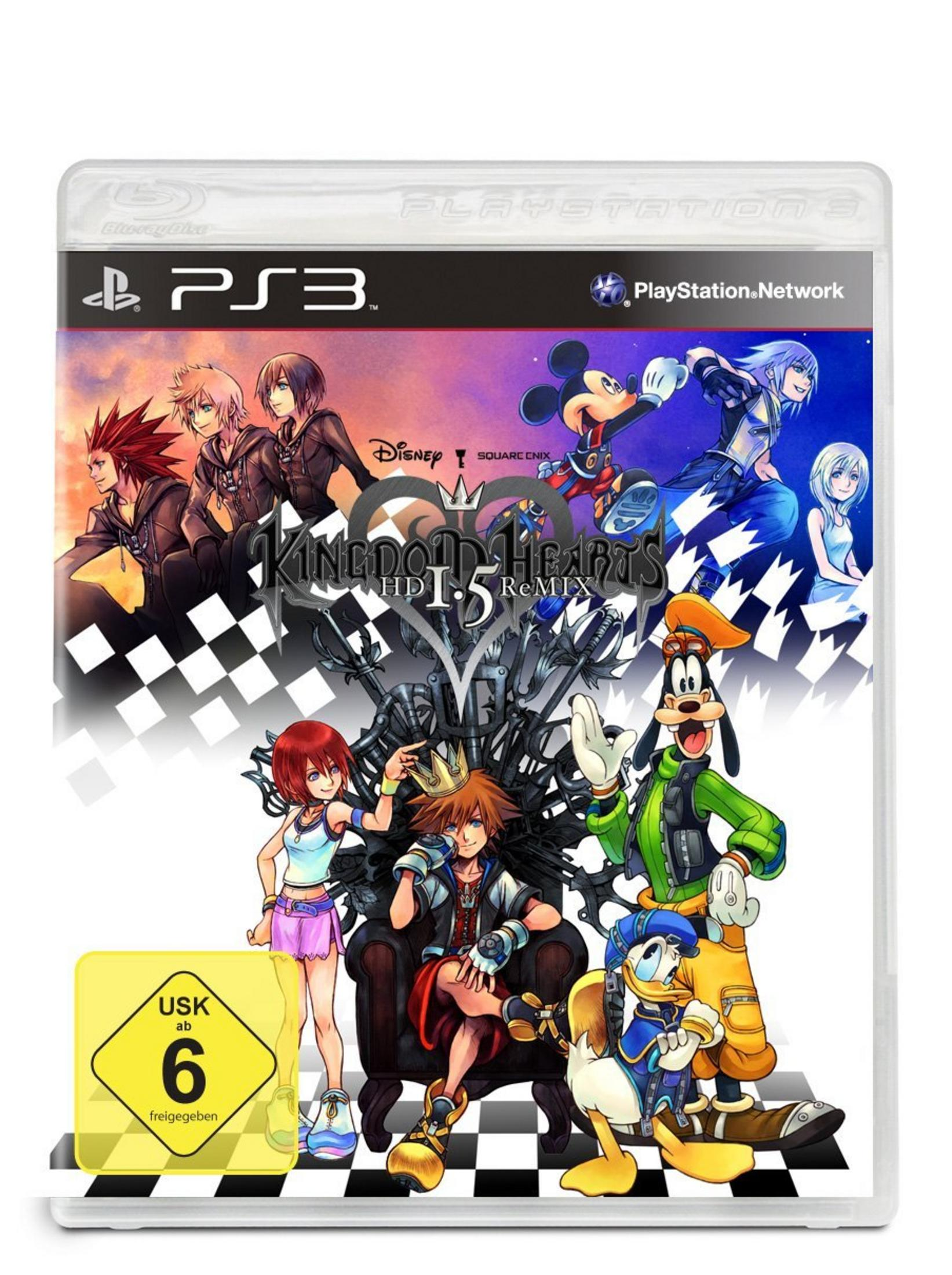 Spielbox, Kingdom Hearts. Charaktere Sora, Mickey, Donald, Goofy. Buntes Bild mit Logo und Charakteren.