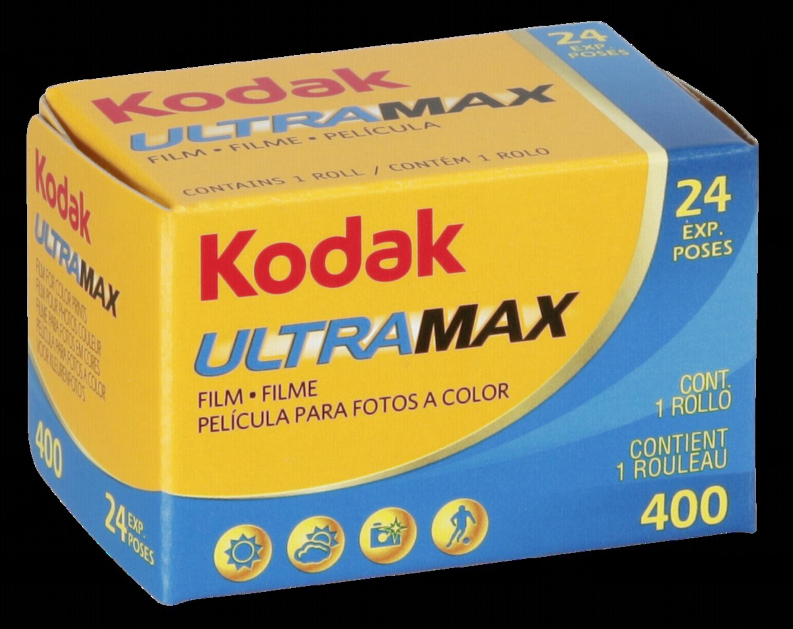 Una caja de película Kodak Ultramax 400, con un diseño amarillo y azul con el logotipo de Kodak.