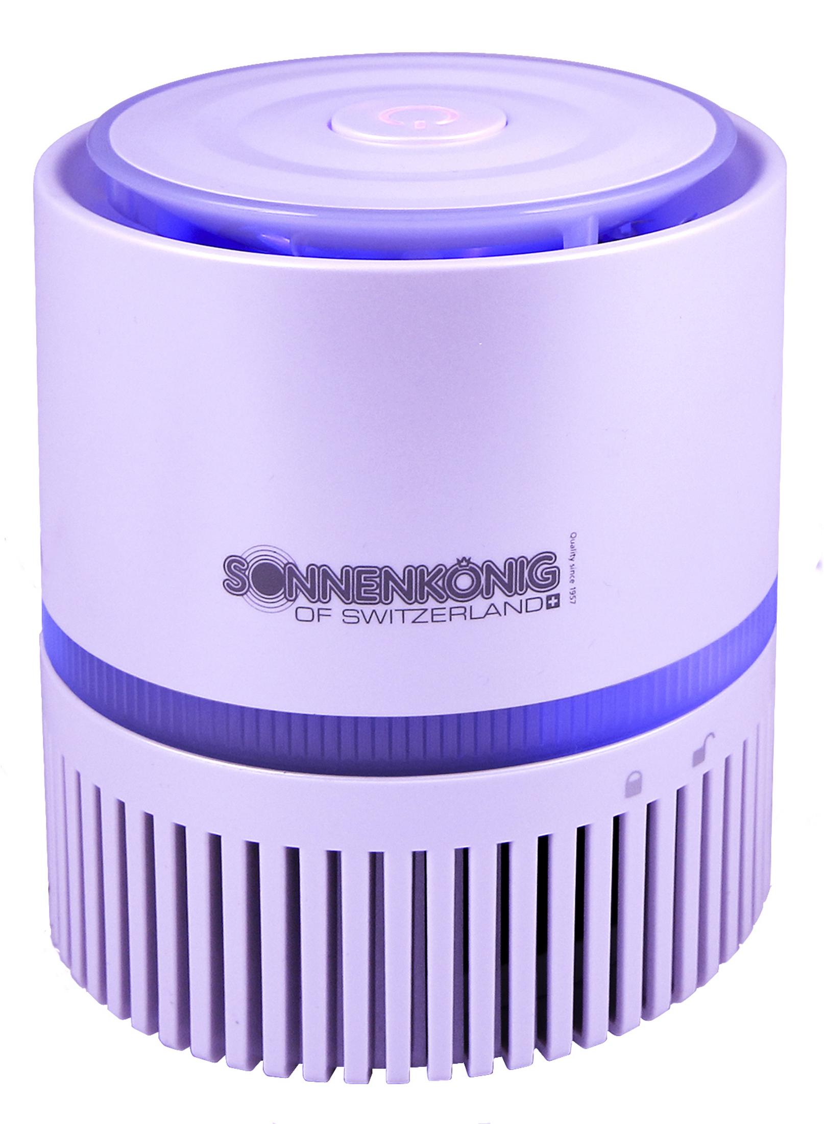 Una trappola per zanzare bianca con una luce blu, con il logo Sonnenkönig.