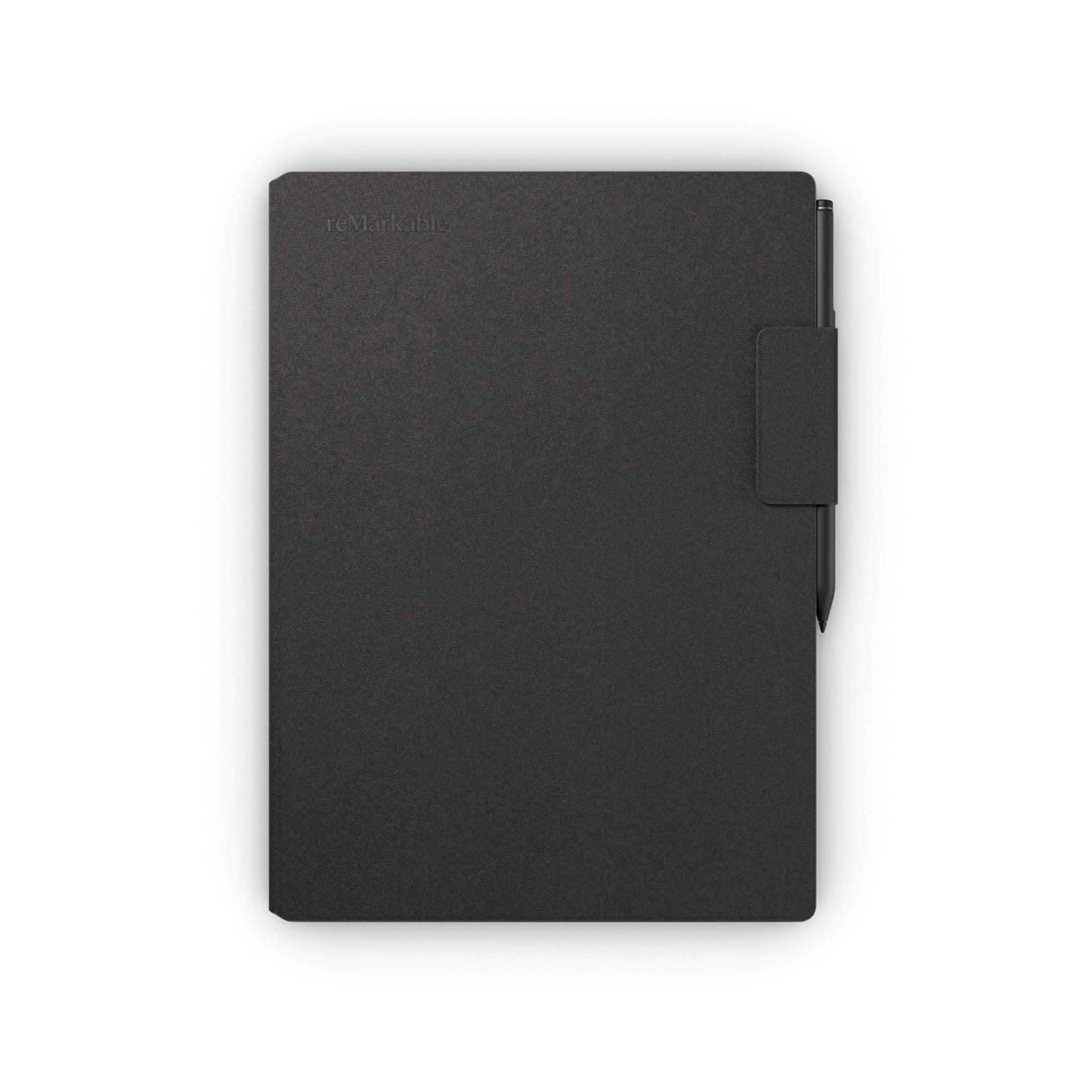 Beyaz bir arka plan üzerinde siyah bir reMarkable tablet ve kalem, üstten görünüm.