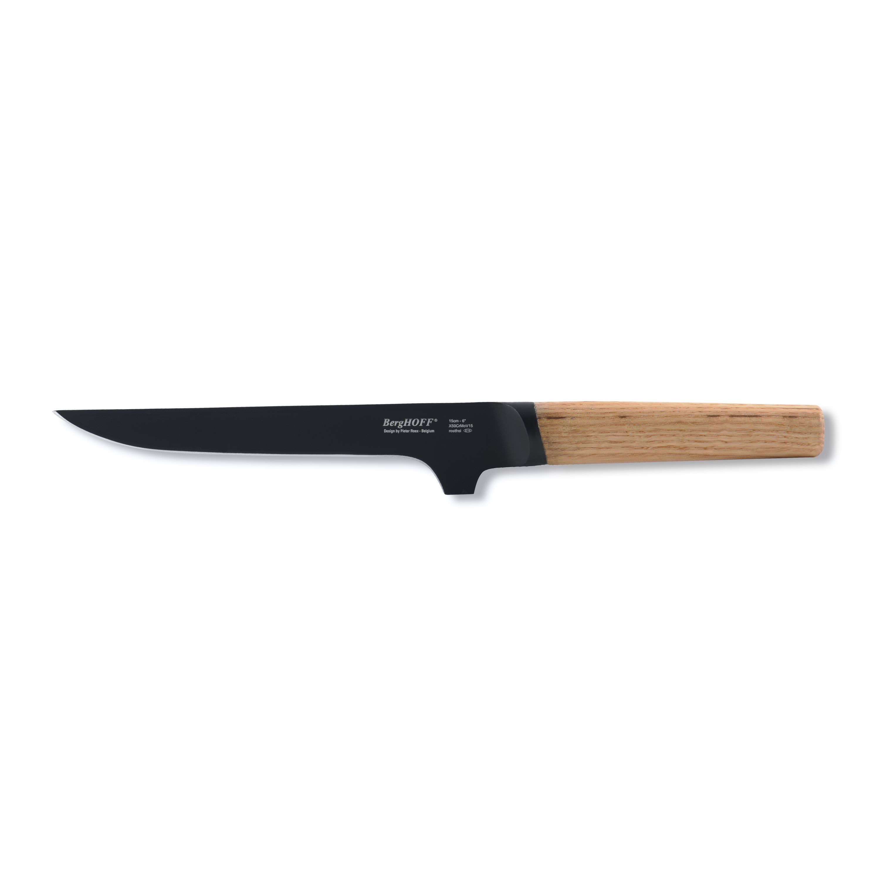 A black knife with a wooden handle lies on a white surface. Brand name visible.