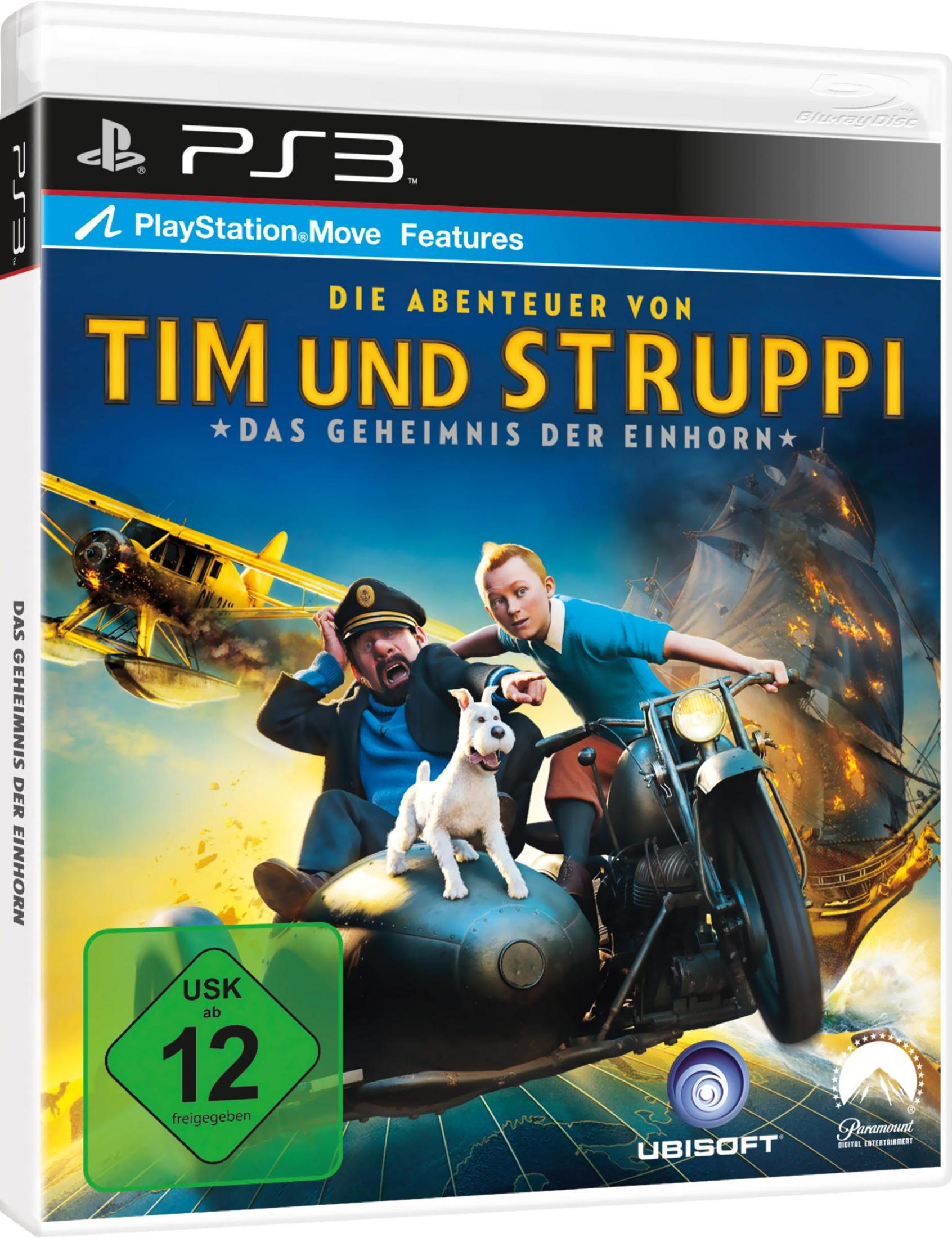 Spielcover mit Tim, Kapitän Haddock und Struppi auf einem Motorrad, mit einem Flugzeug und Schiff im Hintergrund.