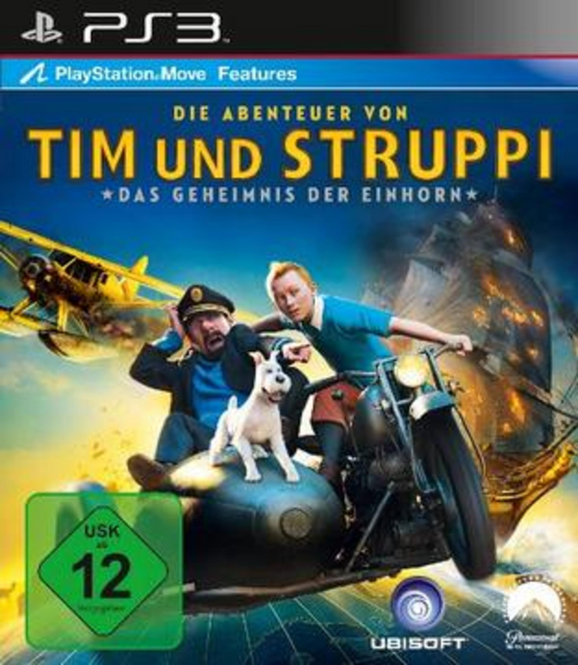 Spielcover mit Tim, Kapitän Haddock und Struppi auf einem Motorrad, mit einem Flugzeug und Schiff im Hintergrund.