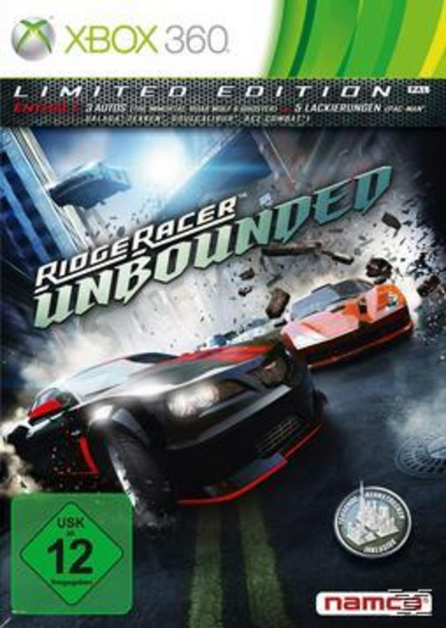 Spielcover von Ridge Racer Unbounded für Xbox 360 mit einem schwarzen und orangefarbenen Auto in einer Stadt.