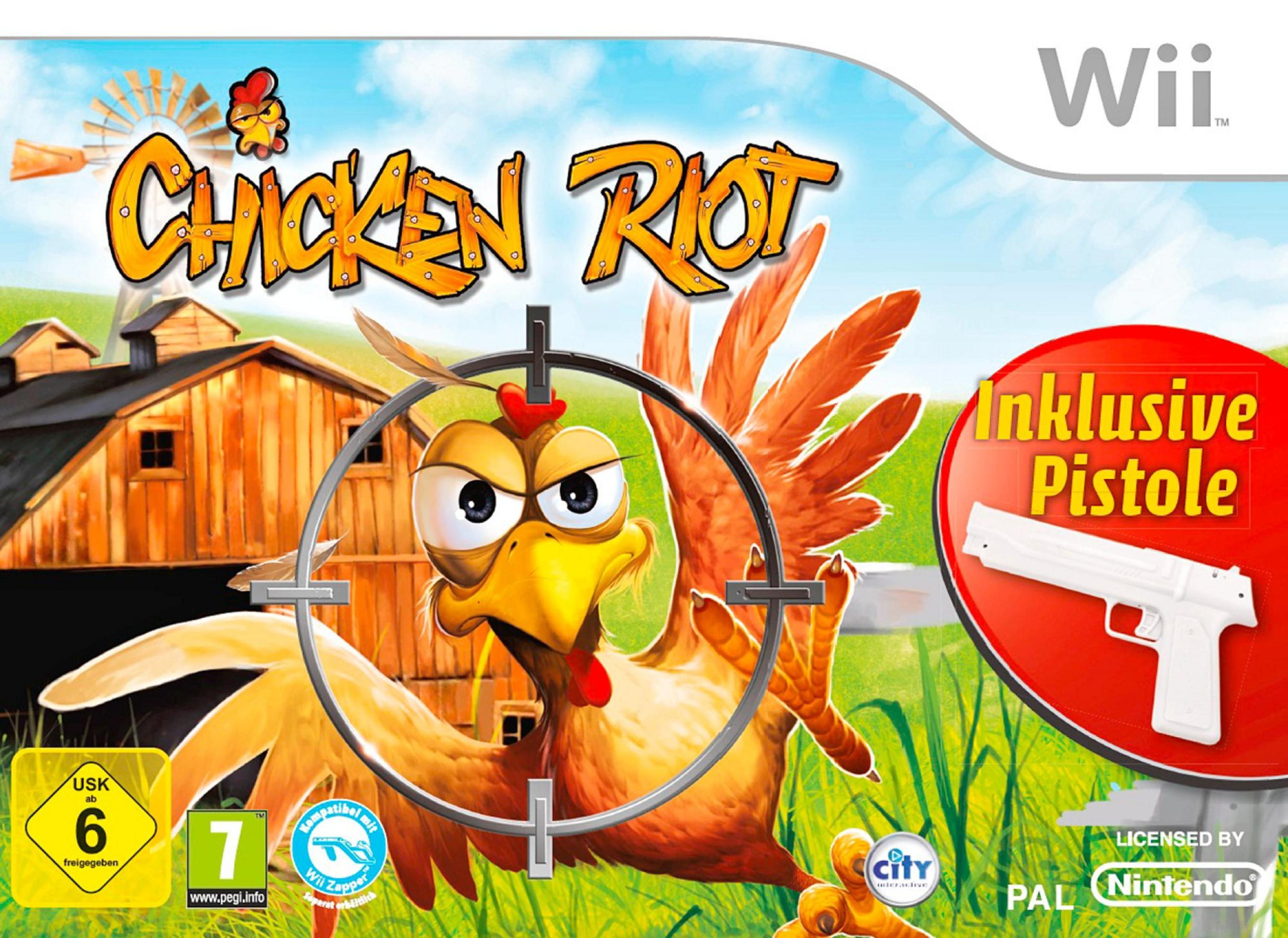 Spielverpackung: Huhn im Fadenkreuz. Scheune im Hintergrund. 'Chicken Riot' und 'Wii' sind sichtbar.