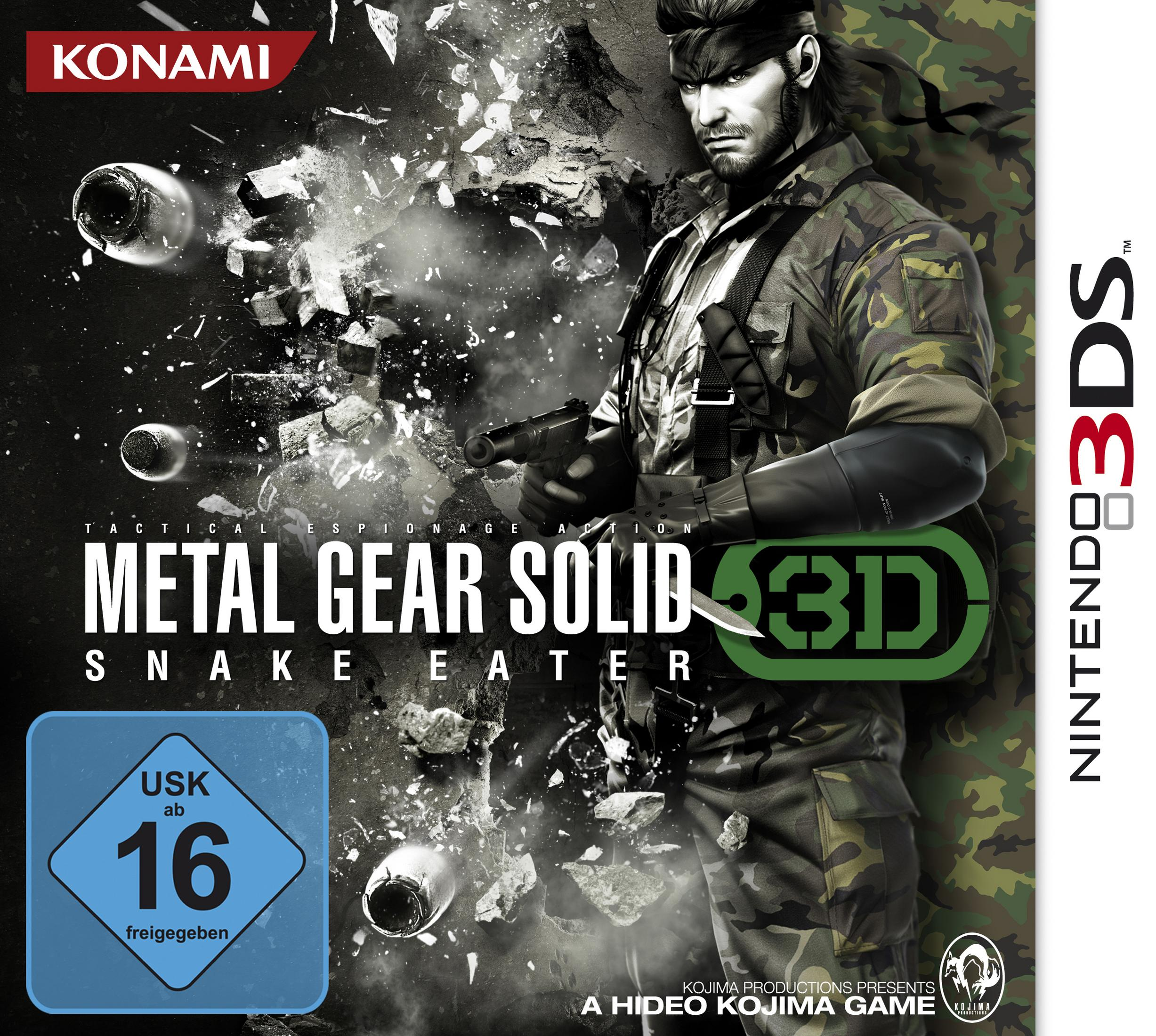 Metal Gear Solid 3D Spielverpackung. Ein Mann in Militäruniform hält eine Waffe. Konami-Logo sichtbar.