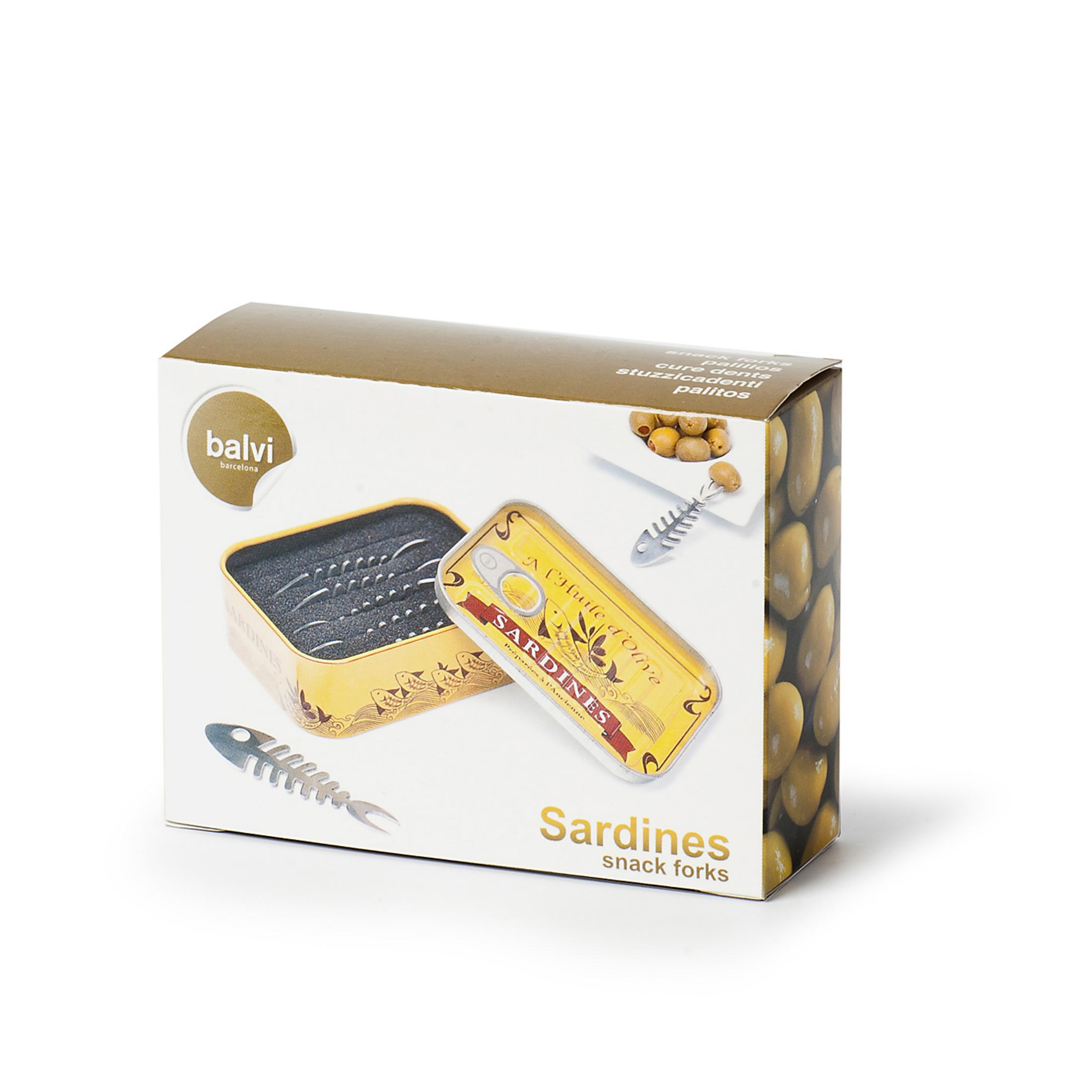 Eine Schachtel mit einer Dose Sardinen und fischförmigen Gabeln, beschriftet mit "Sardines snack forks" auf weißem Hintergrund.