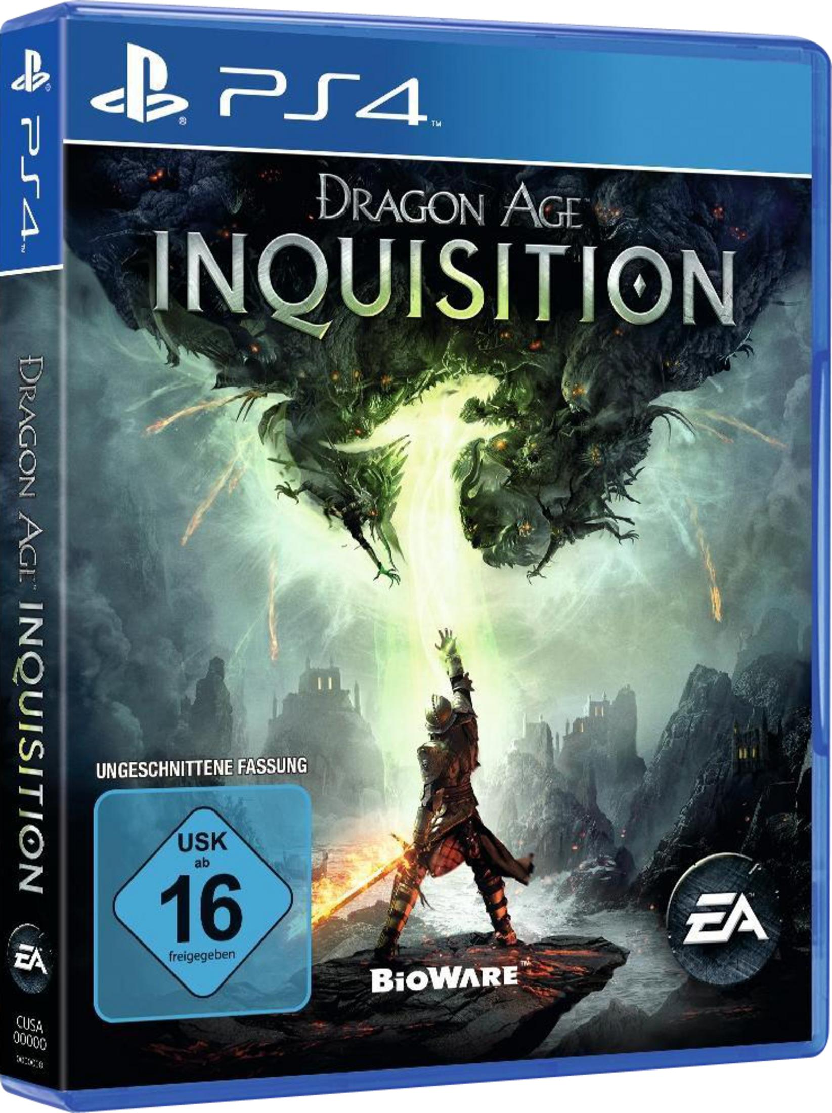 Die Dragon Age: Inquisition PS4-Spielbox. Schräge Ansicht, zeigt den Spieletitel und das Artwork, mit einem blauen Gehäuse.