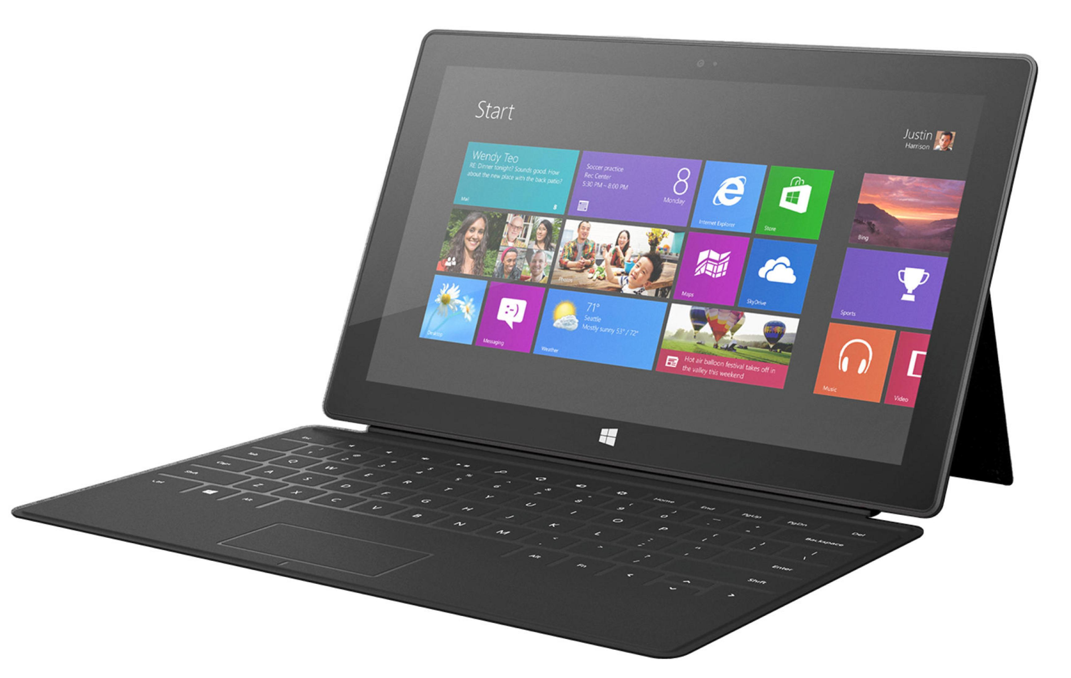 Schwarzes Tablet mit Tastatur und Bildschirm mit Startmenü, abgewinkelt auf weißem Hintergrund.