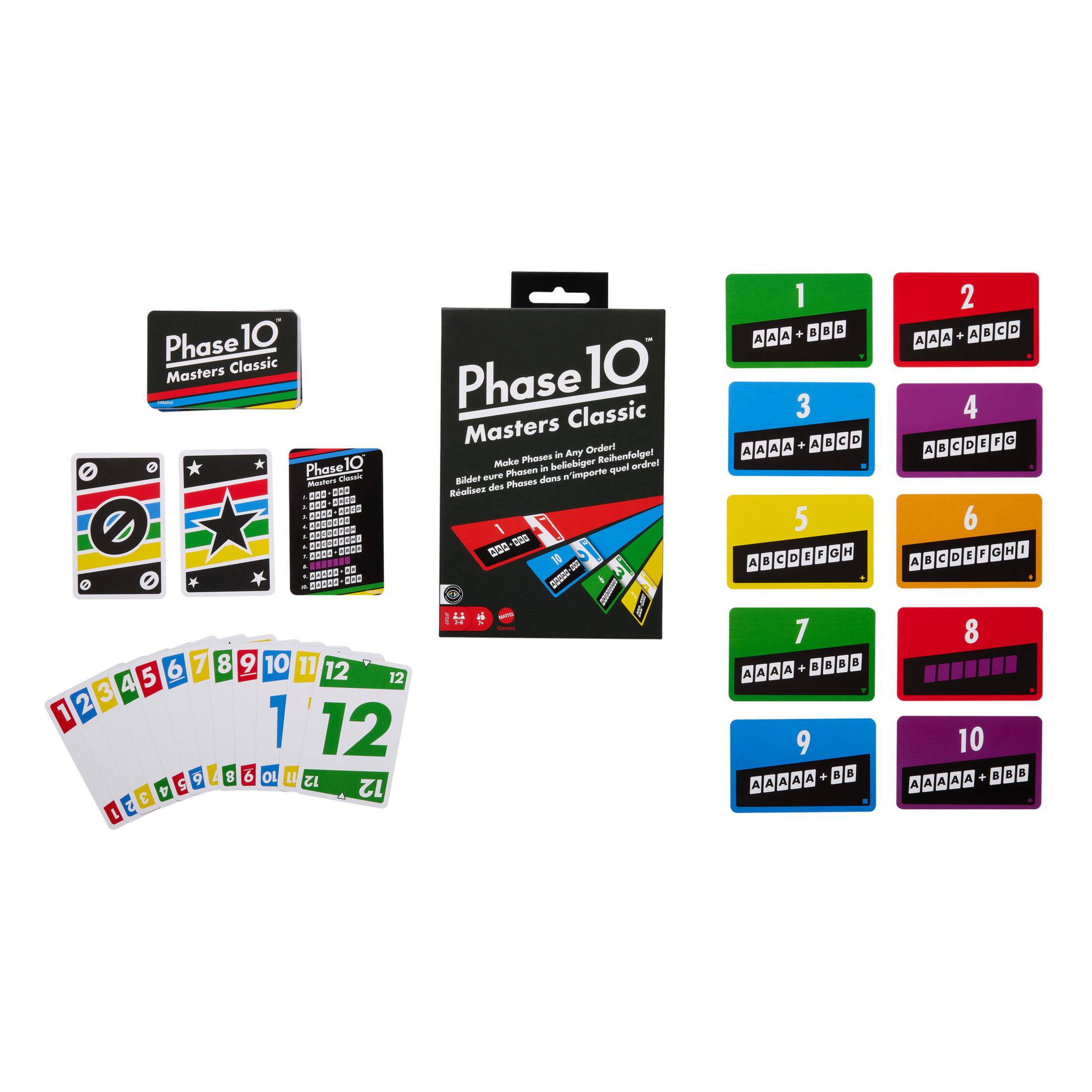 Componenti del gioco Phase 10 Masters Classic, tra cui carte e una scatola di gioco. Sfondo bianco.