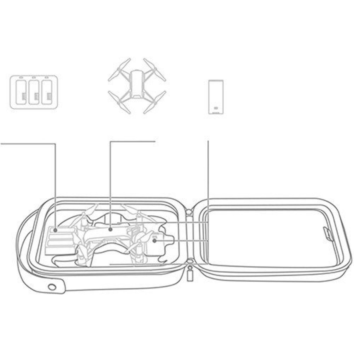 Dibujo lineal de estuche de transporte abierto con dron y accesorios.