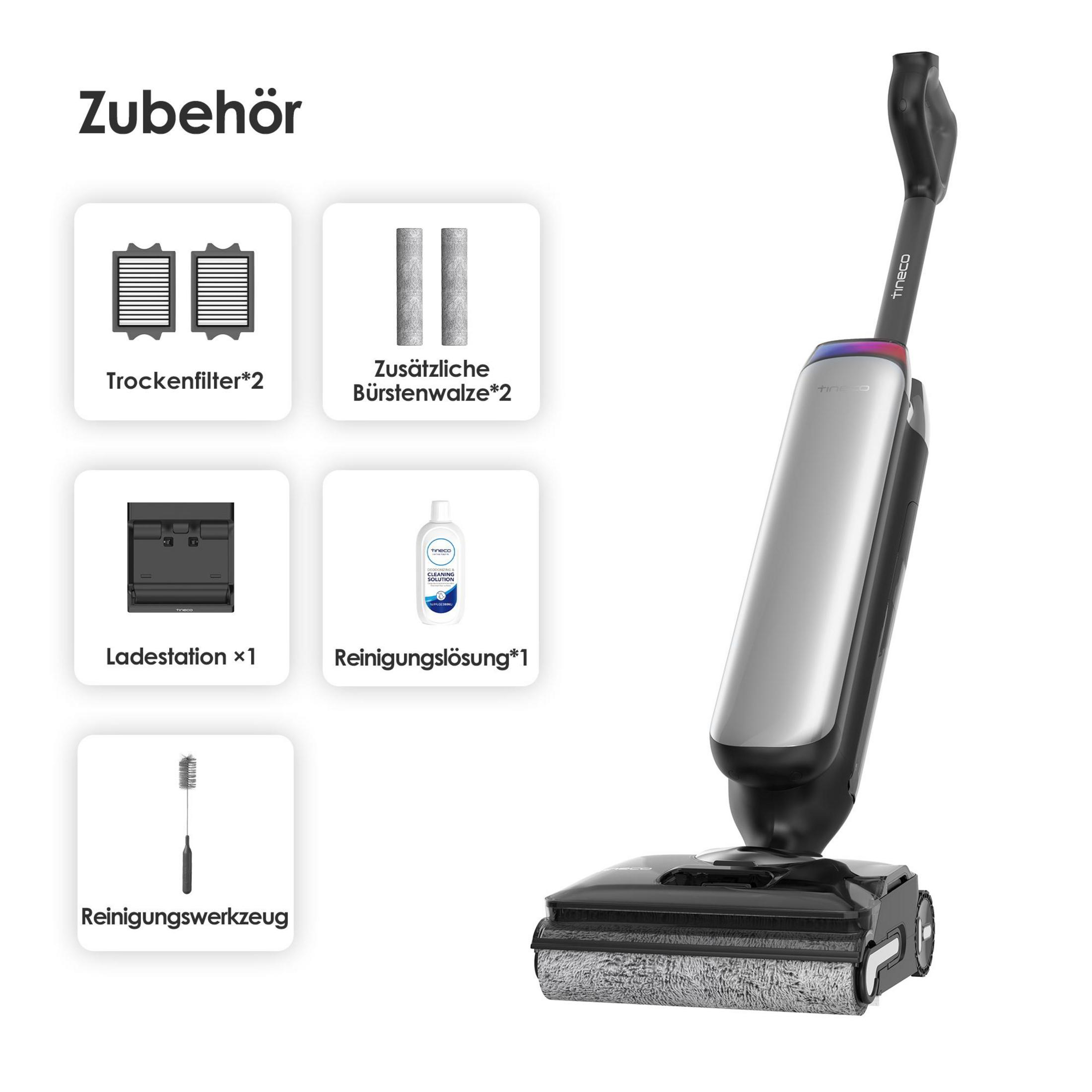 Bezprzewodowy środek do czyszczenia podłóg z akcesoriami. Pudełka z akcesoriami są na górze. Środek do czyszczenia po prawej.