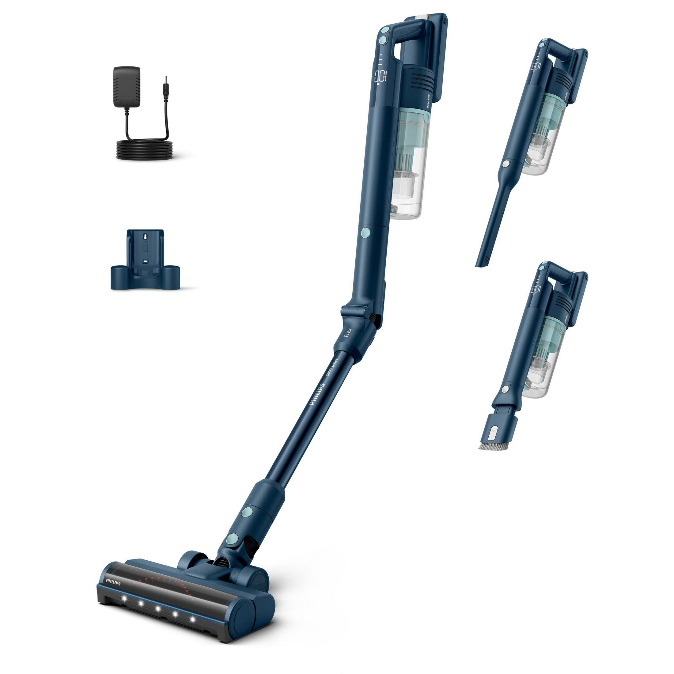 Un aspirapolvere senza fili e i suoi accessori. L'aspirapolvere è blu e bianco. Gli accessori sono a sinistra.