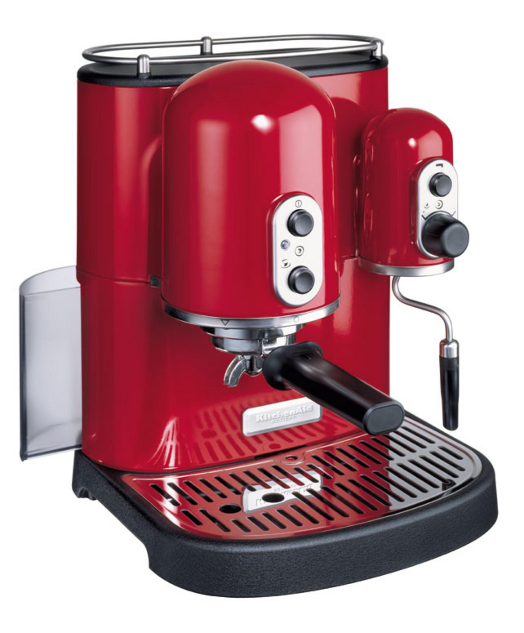 Eine rote KitchenAid Espressomaschine mit schwarzen Akzenten auf weißem Hintergrund.