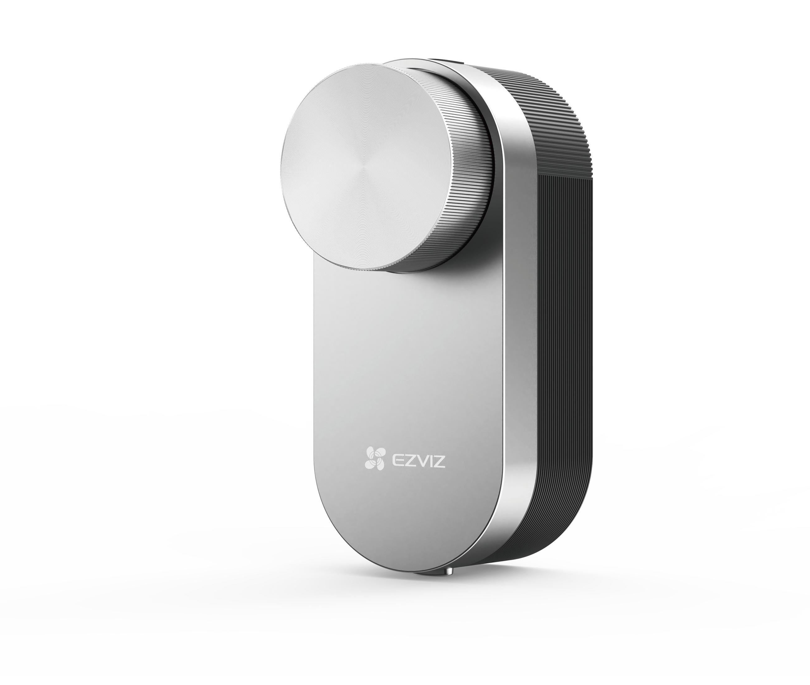 Srebrna inteligentna blokada z okrągłą tarczą, prostokątnym korpusem i logo EZVIZ, na białym tle.