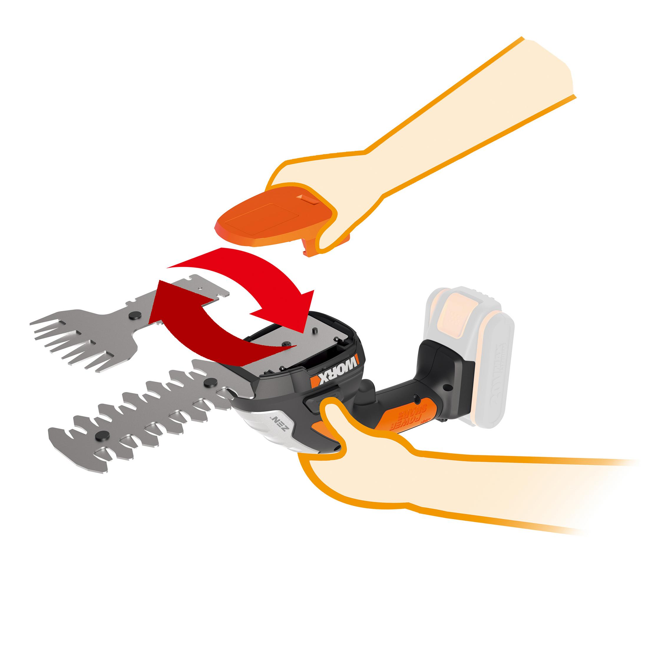 Zeichnung eines WORX-Grastrimmers, der mit einem Pfeil zusammengebaut wird.