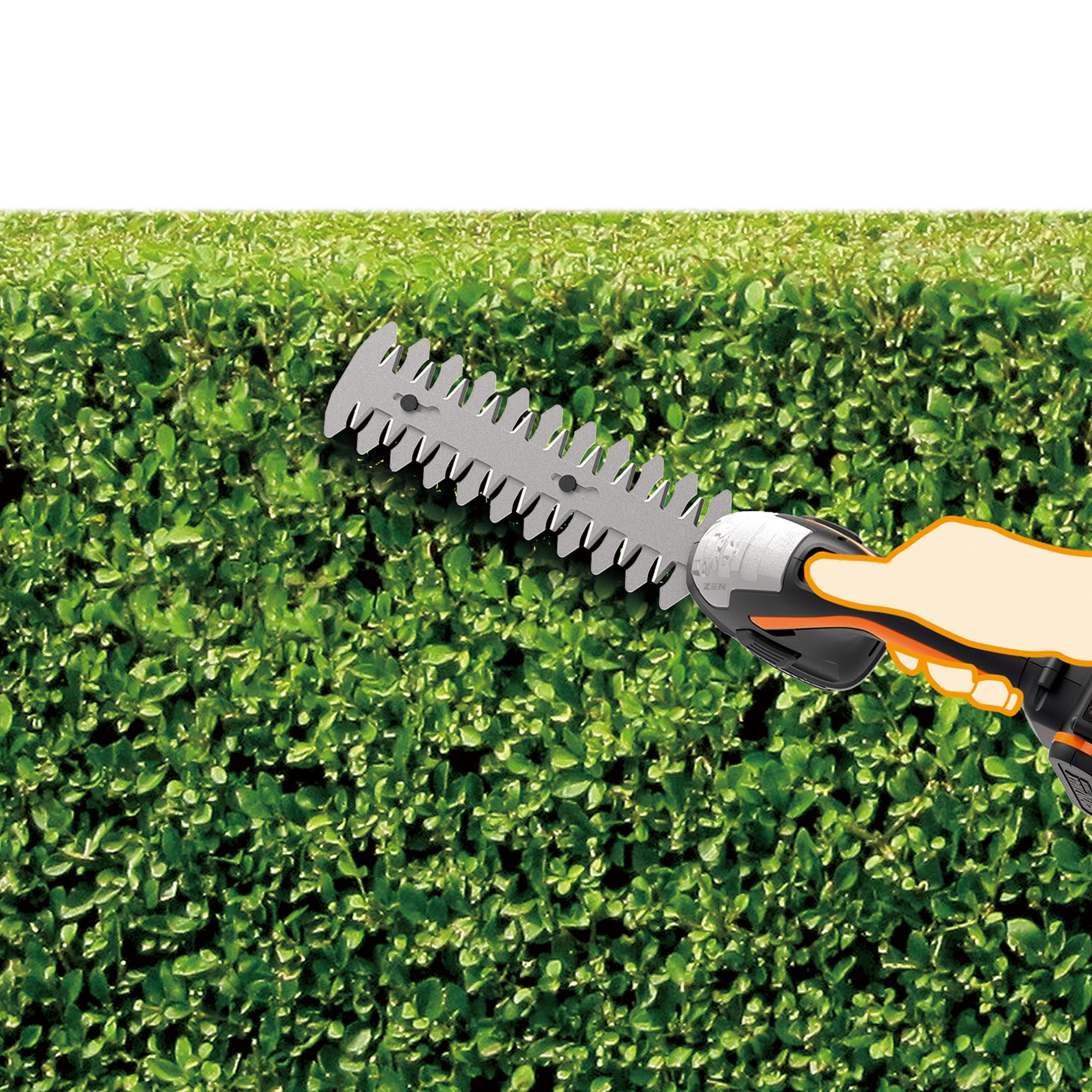 Ein WORX-Grastrimmer, der eine Hecke schneidet.