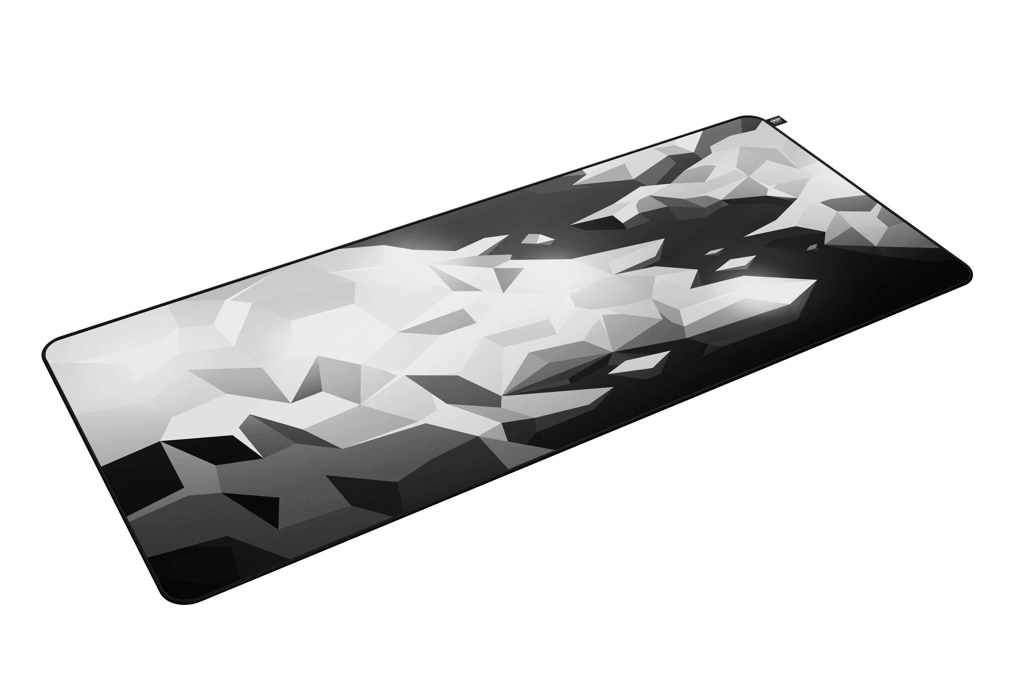 Ein schwarz-weißes, langes Mauspadd mit geometrischem Muster. Es hat einen schwarzen Rand und einen weißen Hintergrund.