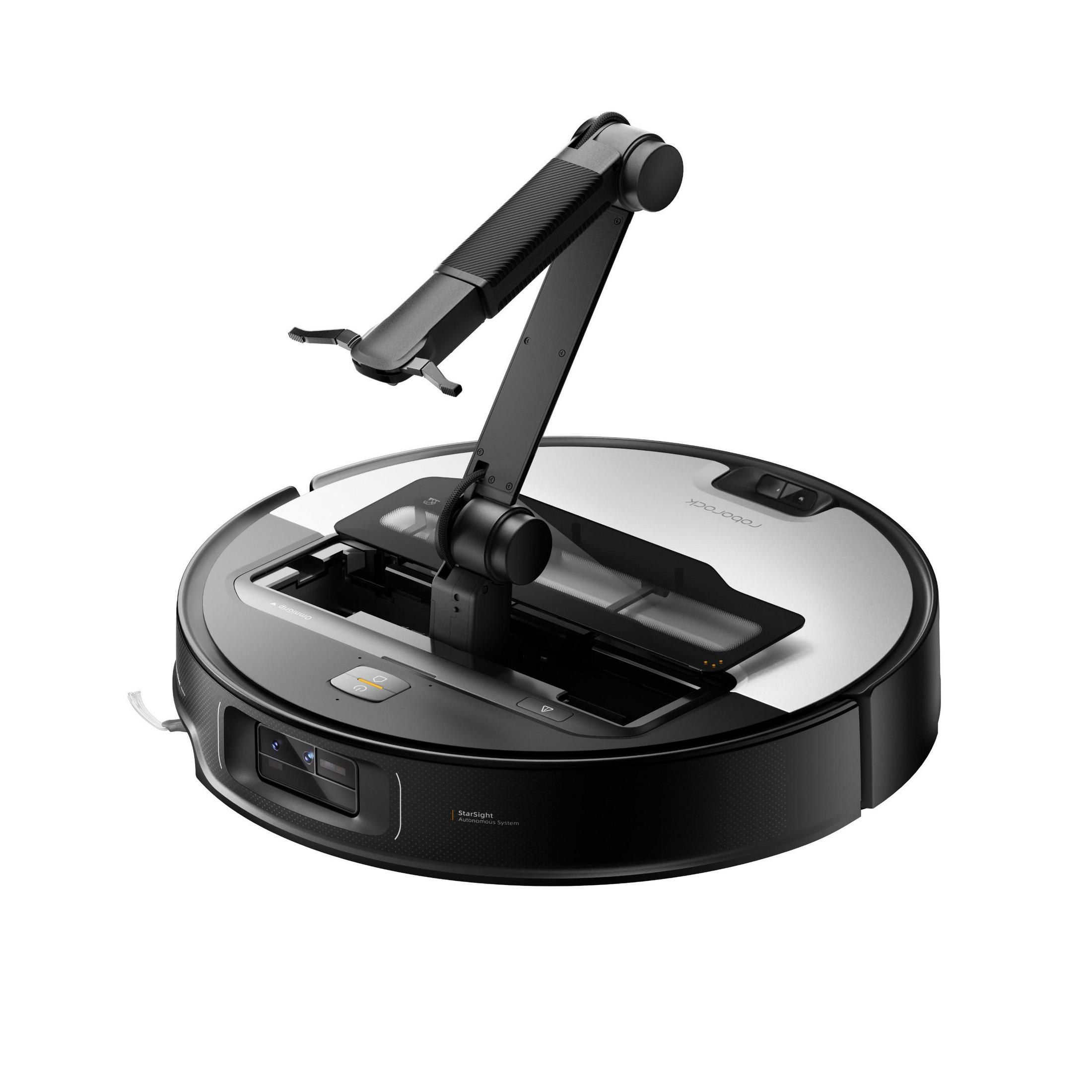 Schwarzer und silberner Roboter-Staubsauger mit armartiger Struktur obenauf.