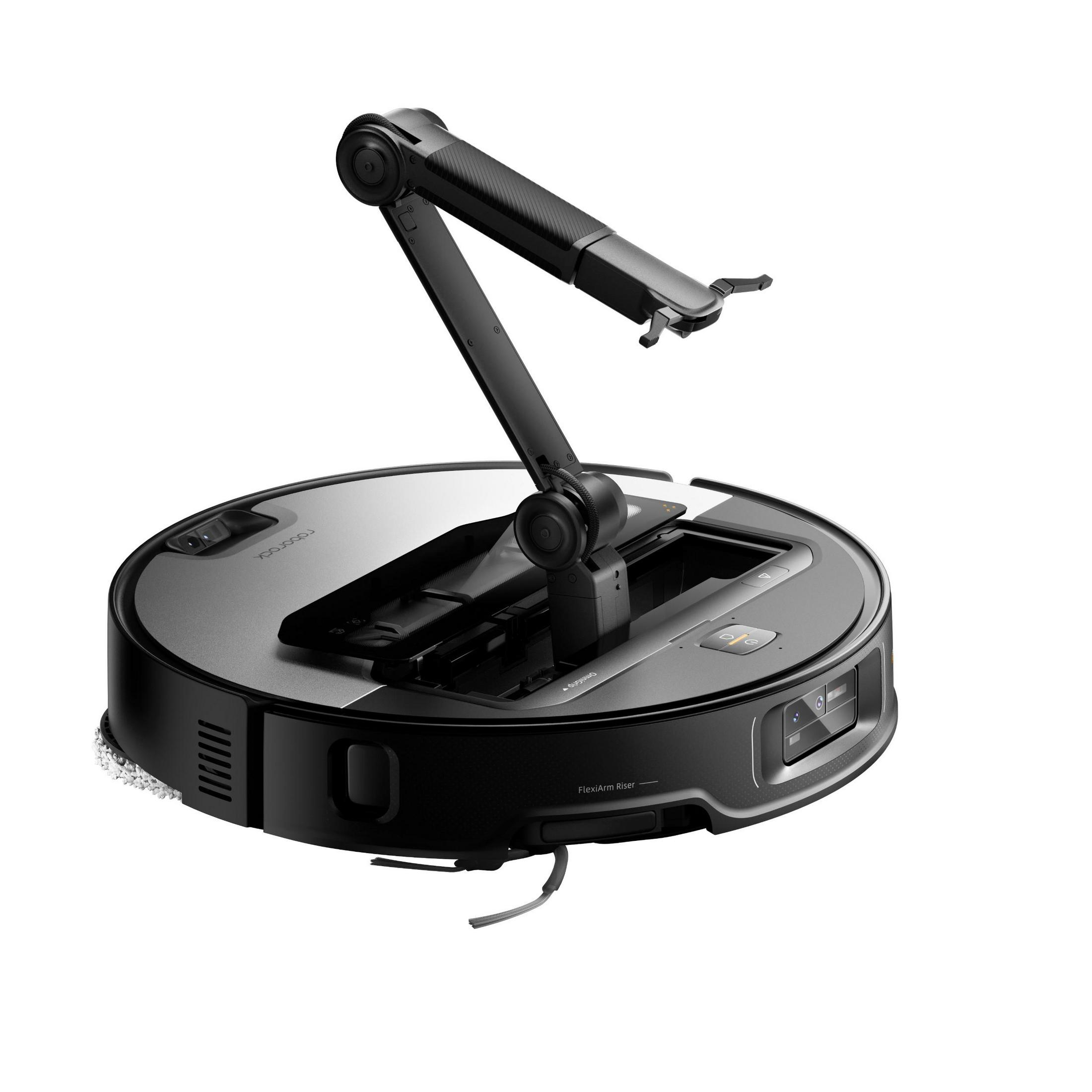 Schwarzer und silberner Roboter-Staubsauger mit armartiger Struktur obenauf.