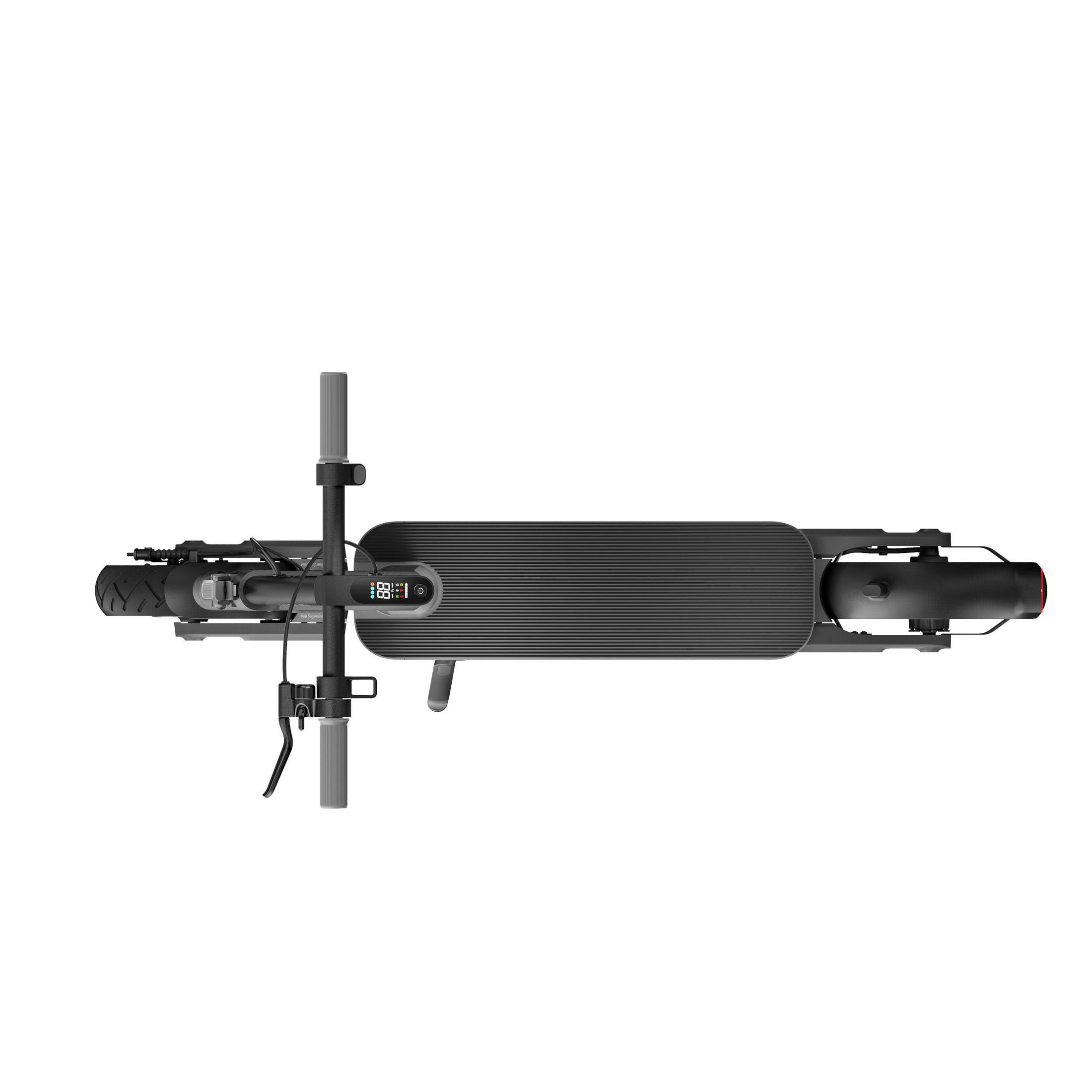 Draufsicht auf einen grauen Elektroroller auf weißem Hintergrund, mit Lenker und Deck.