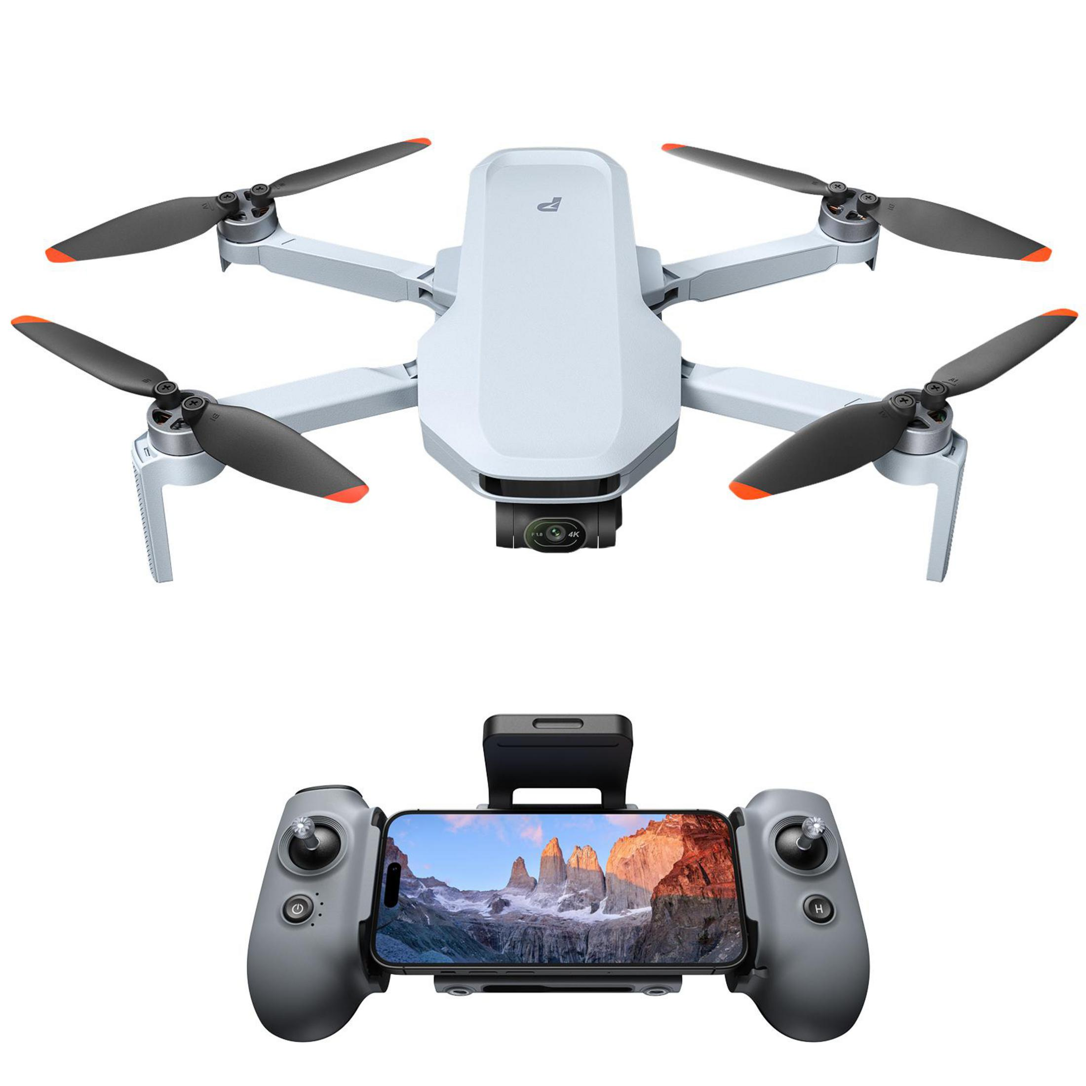 Dron i jego kontroler. Kontroler pokazuje widok na góry na swoim ekranie.