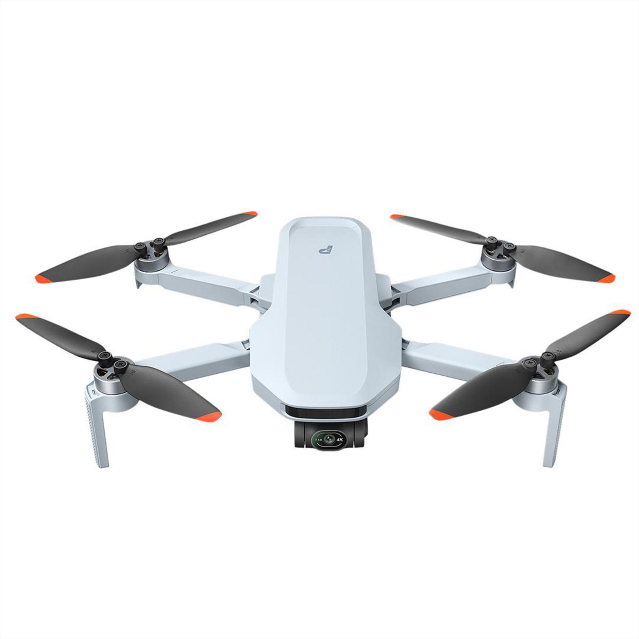 Biały dron z czarnymi śmigłami na białym tle, widok z góry.