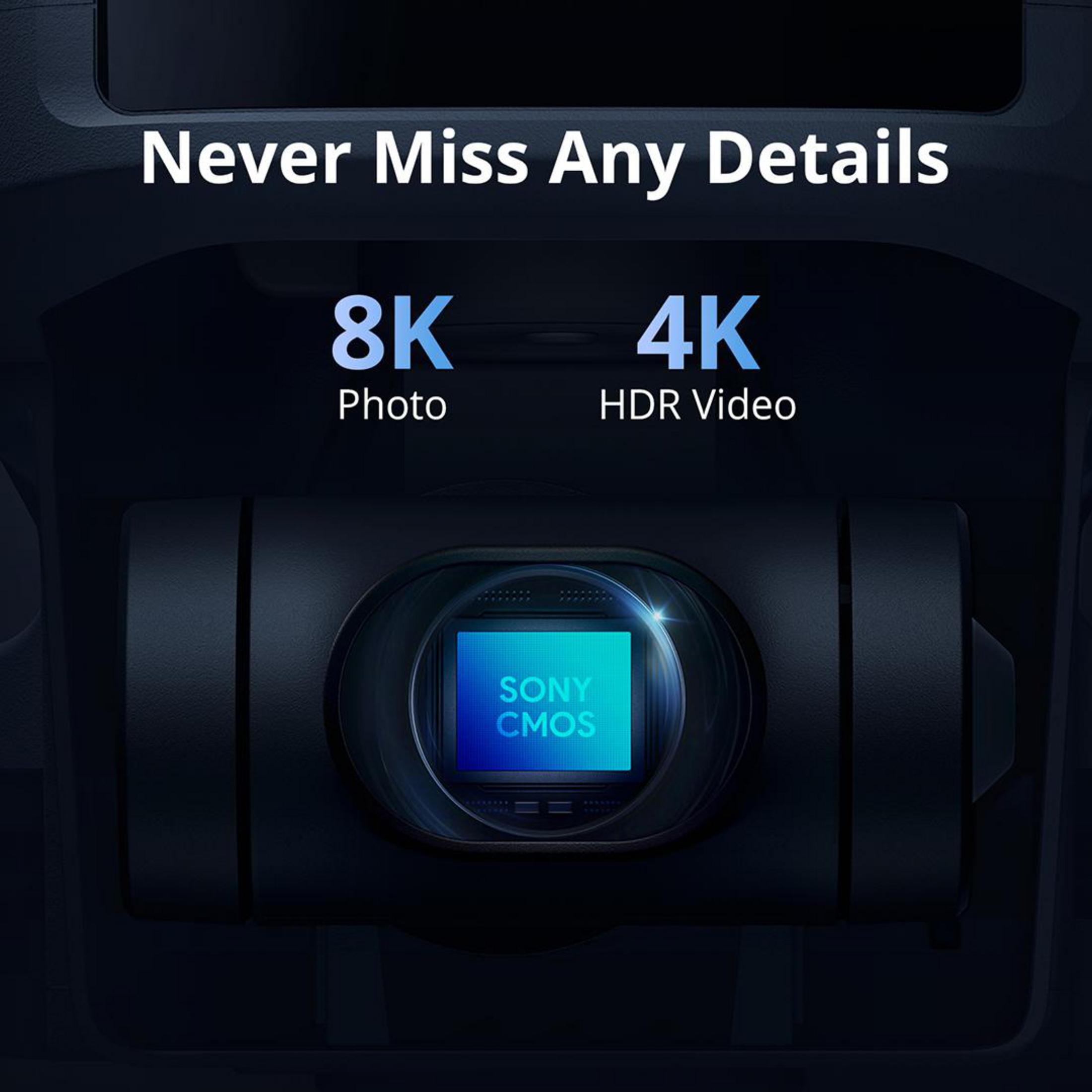Zbliżenie kamery z etykietą 'SONY CMOS' i tekstem dla zdjęcia 8K i wideo HDR 4K.