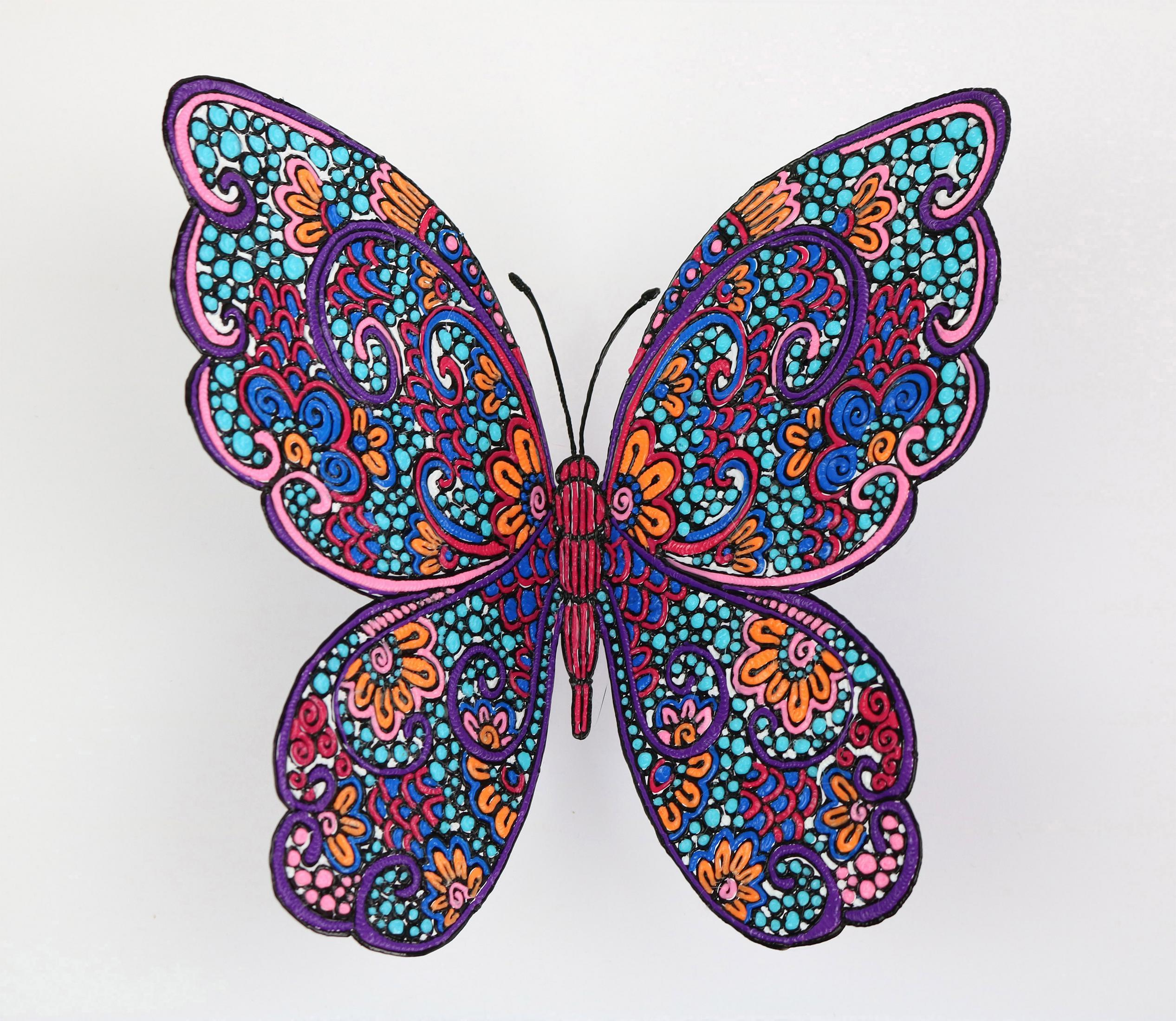 Una farfalla colorata con motivi intricati su sfondo bianco.