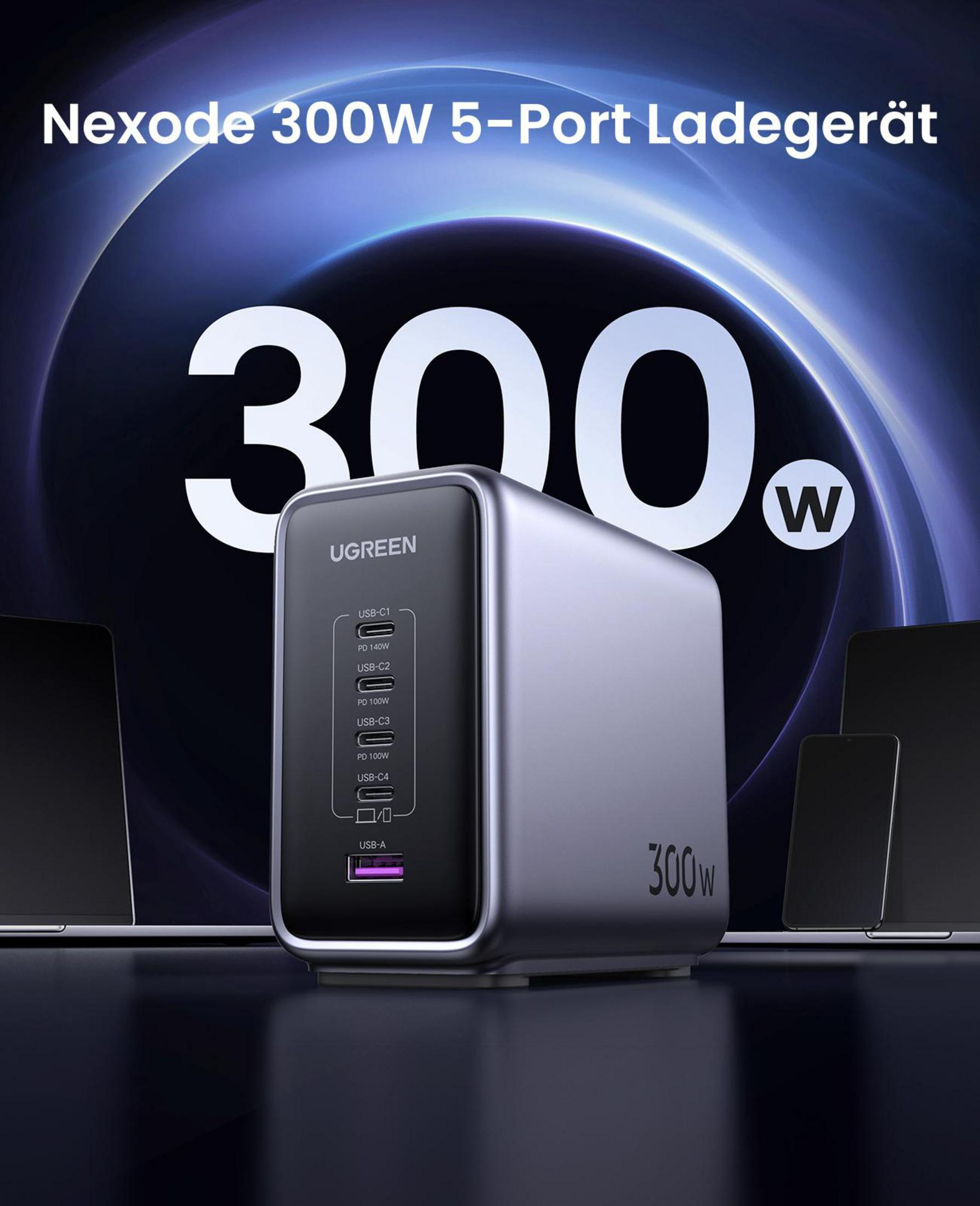 Eine 300W UGREEN Ladestation wird mit Laptops und Handys in einer Studioumgebung gezeigt.
