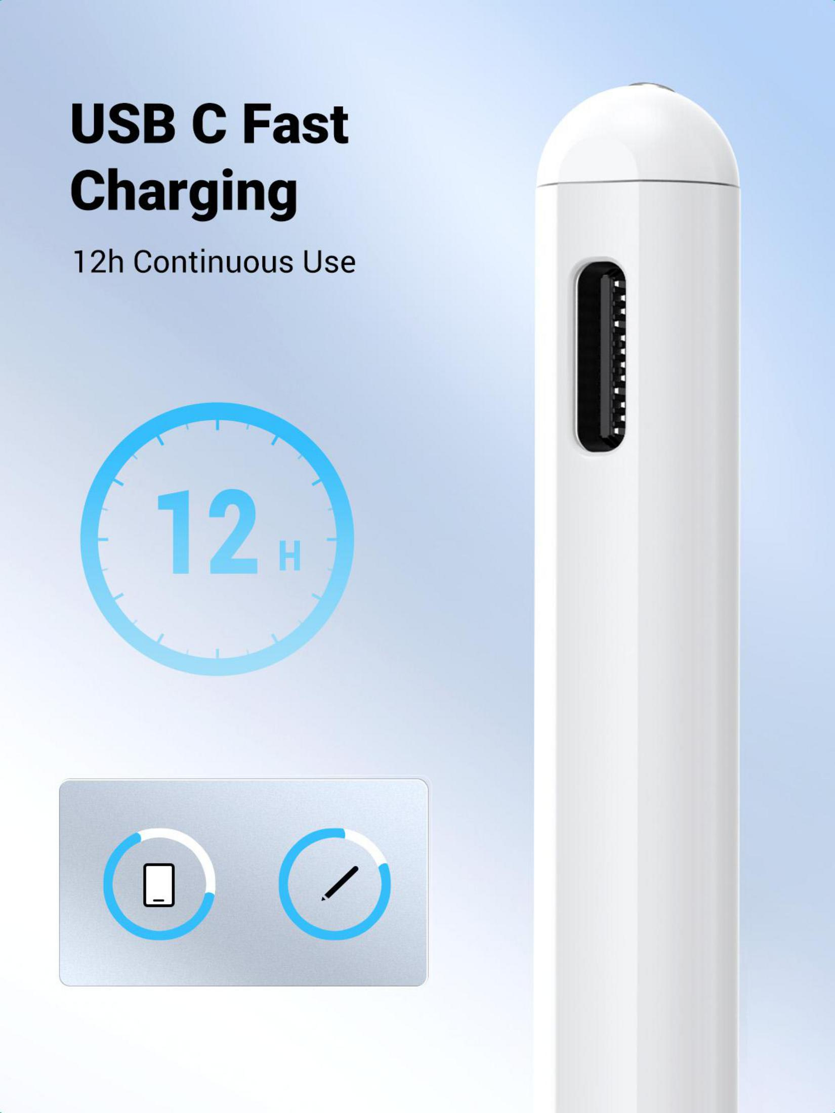 USB-C bağlantı noktalı beyaz stylus kalem. 12 saat kesintisiz kullanım gösteriyor. Metin kaplaması.