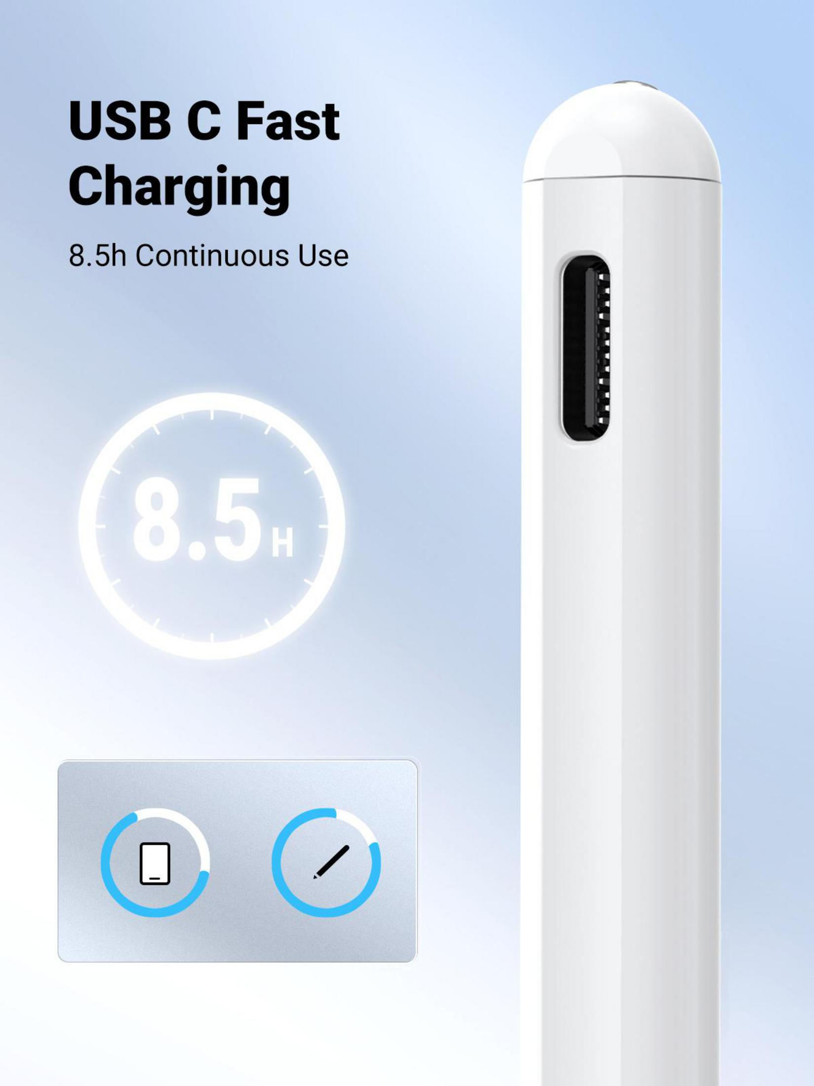 USB-C bağlantı noktalı beyaz stylus kalem. 8.5 saat kesintisiz kullanım gösteriyor. Metin kaplaması.
