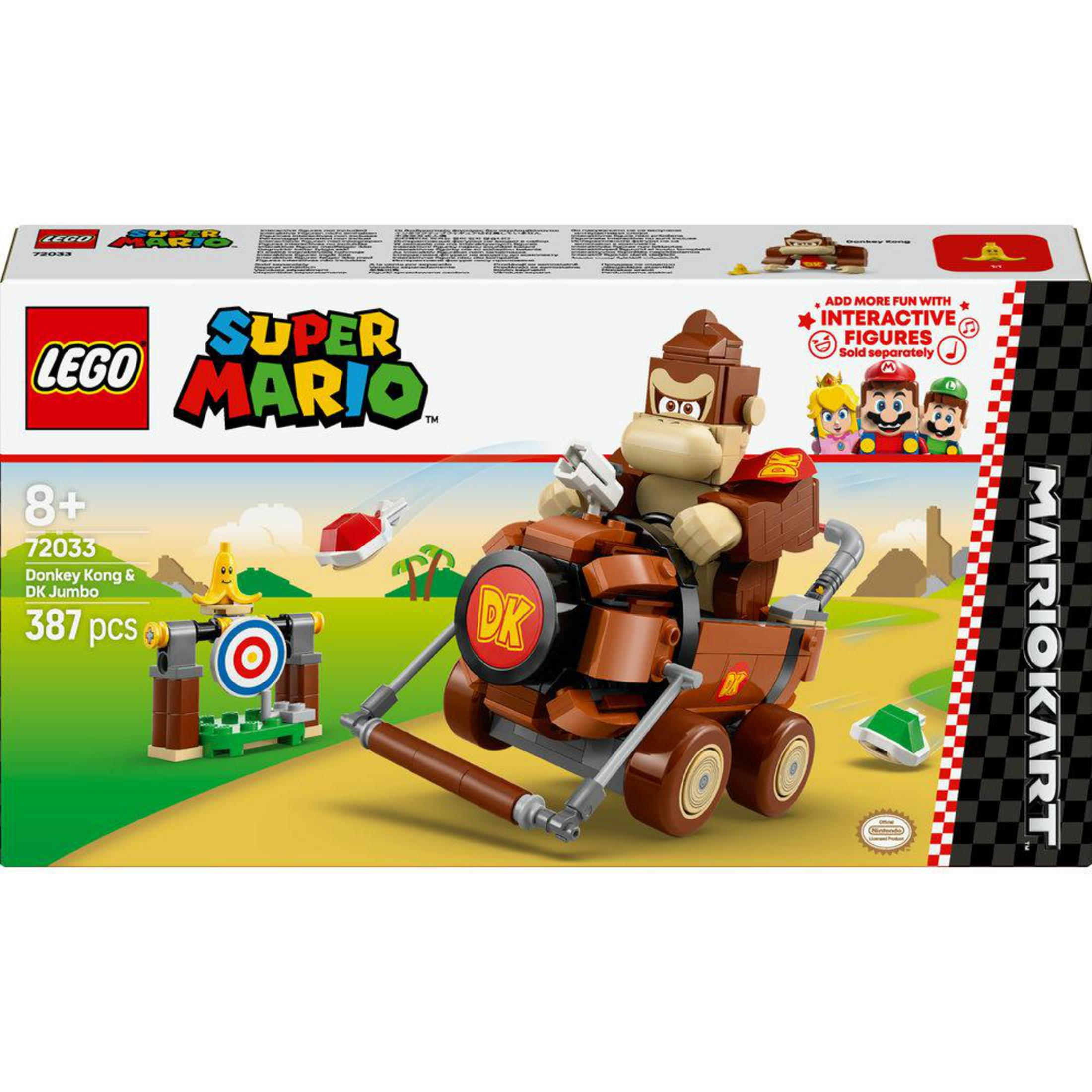 Set Lego Super Mario con kart de Donkey Kong. La caja muestra a DK en el kart.