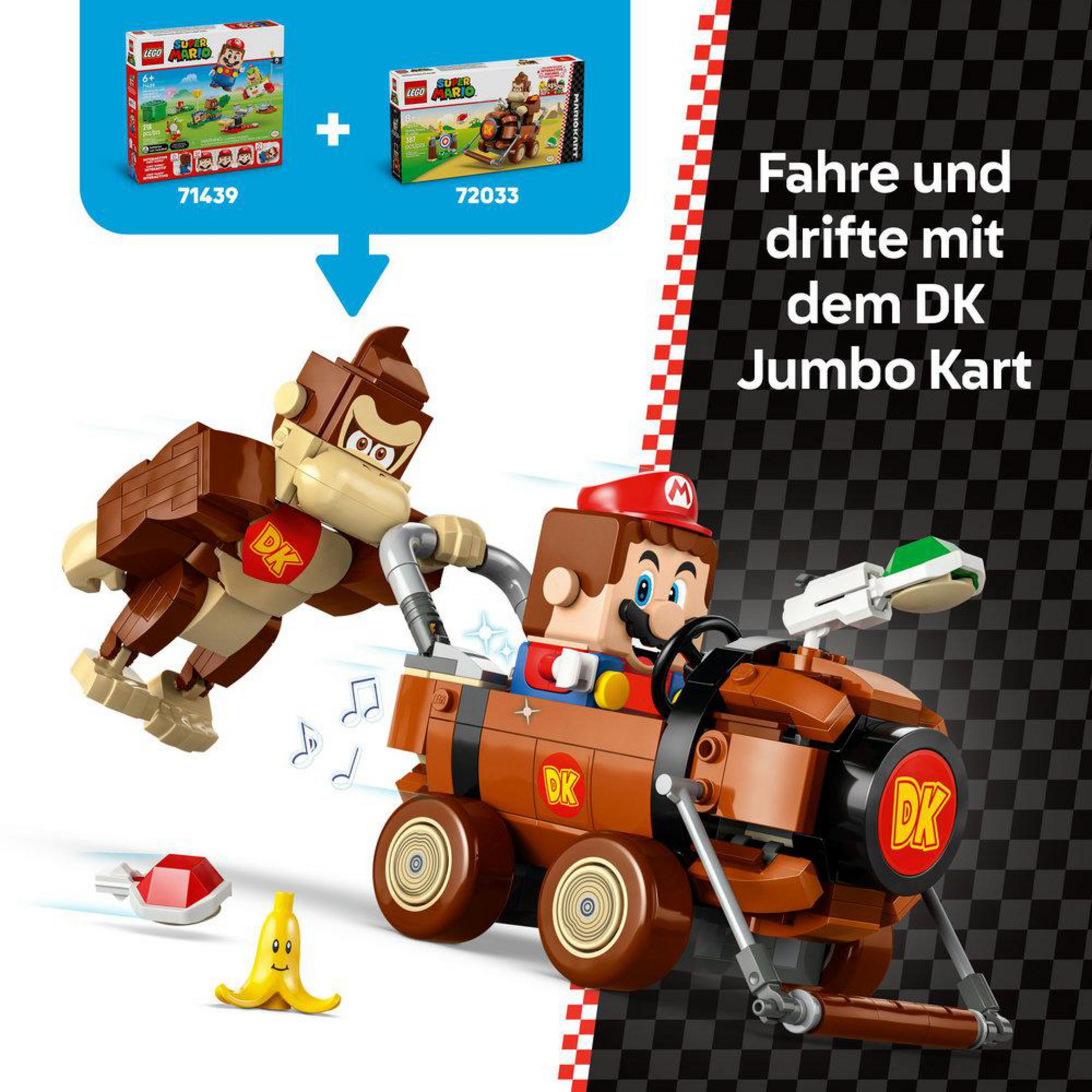 Donkey Kong y Mario en un kart. La imagen muestra el set Lego con el kart y el plátano.