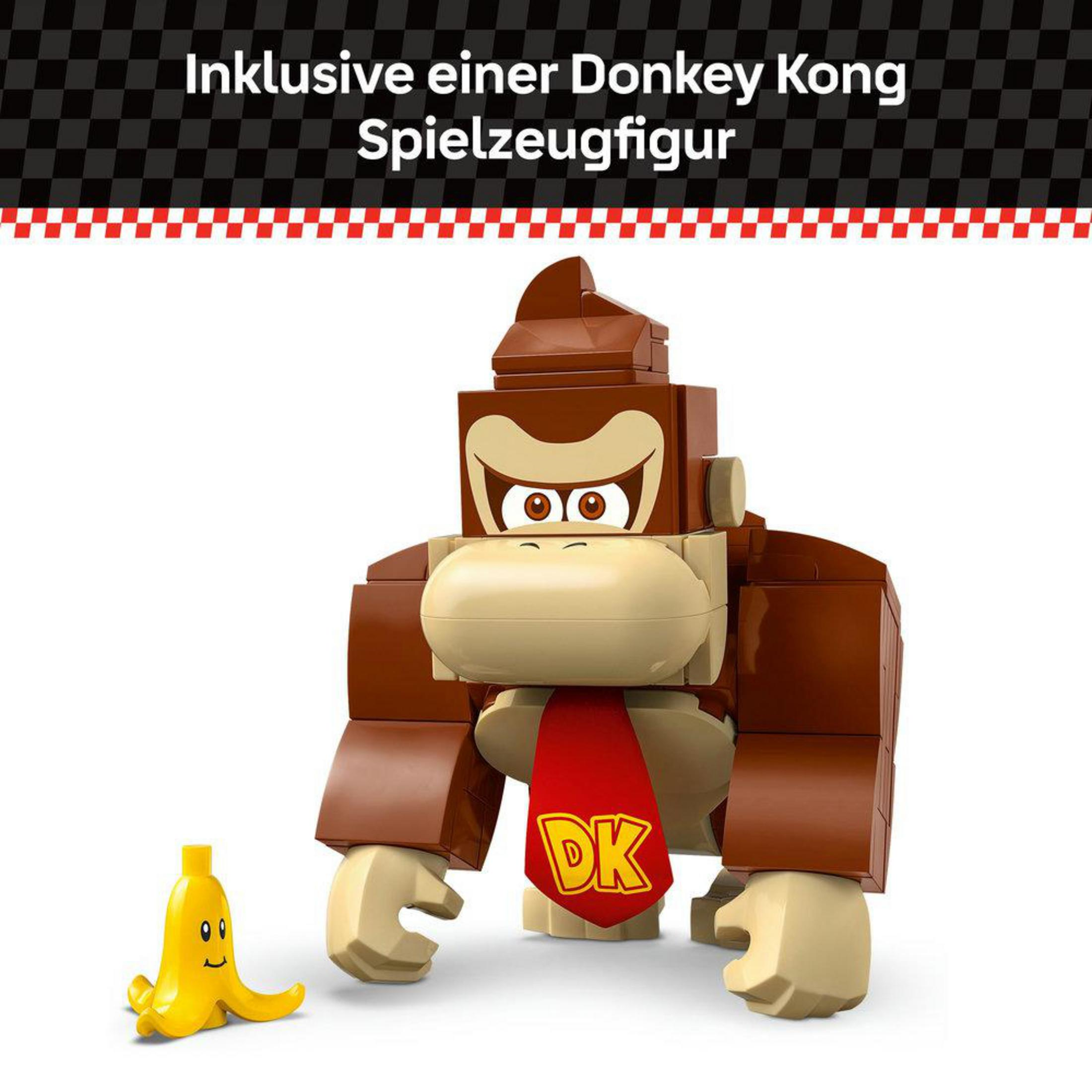 Una figura Lego de Donkey Kong con corbata roja y un plátano. La figura es marrón.