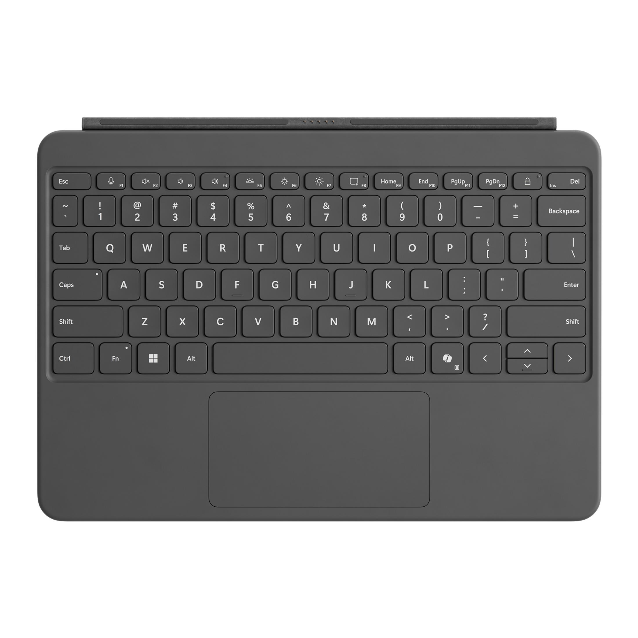 Una tastiera Microsoft Surface grigia con trackpad, isolata su uno sfondo bianco, che mostra il layout completo della tastiera.