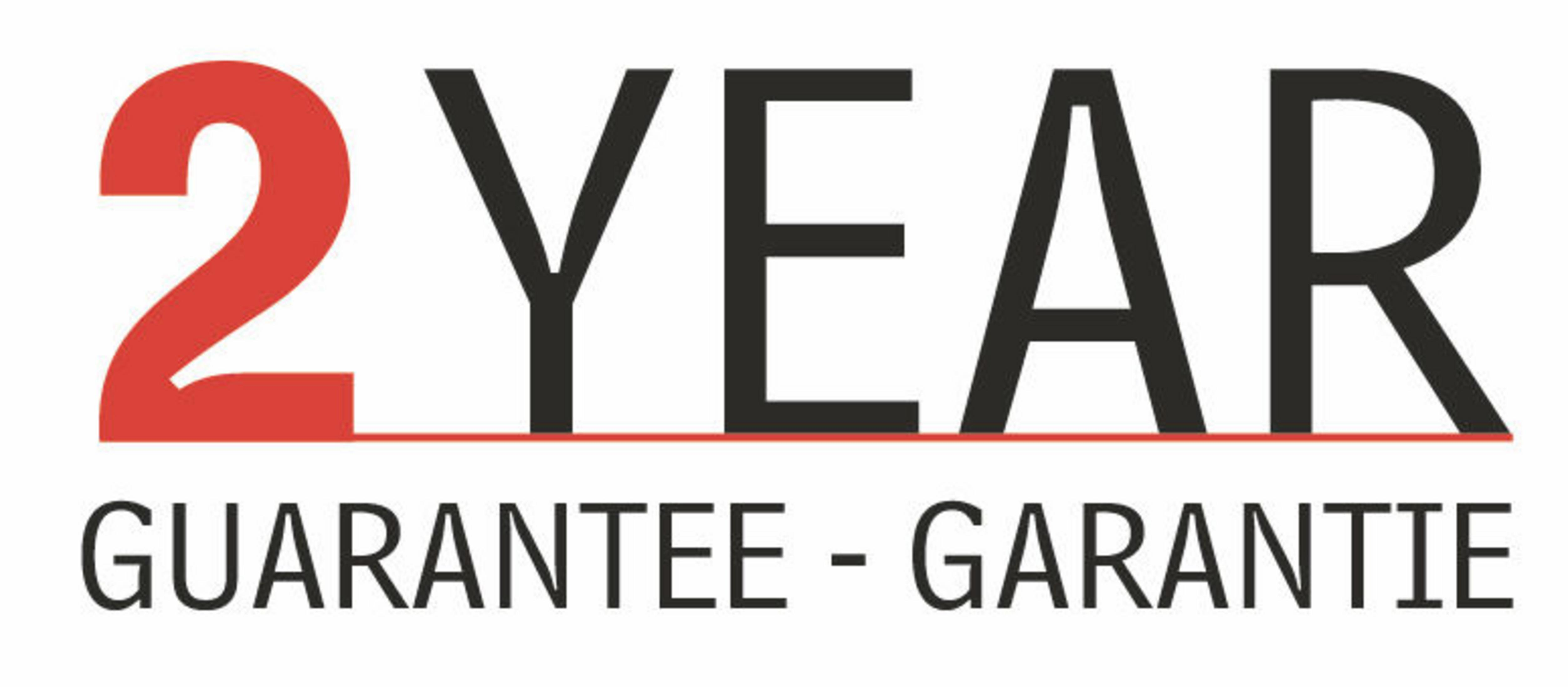 Die Wörter „2 JAHRE GARANTIE – GARANTIE“ in roten und schwarzen Buchstaben.