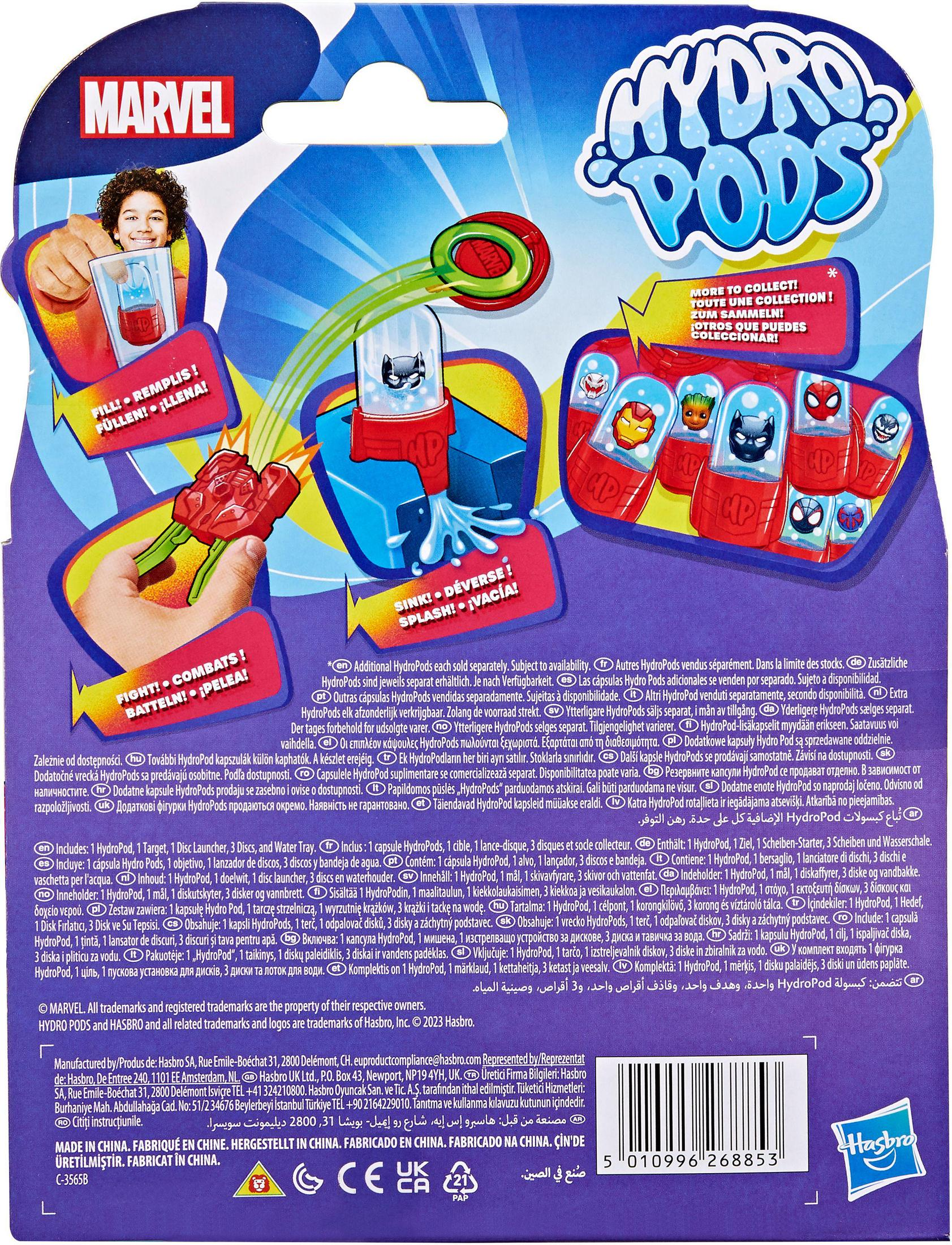 Rückseite einer Marvel Hydro Pods Starterpackung, zeigt Spielset-Komponenten und Charakterkapseln.